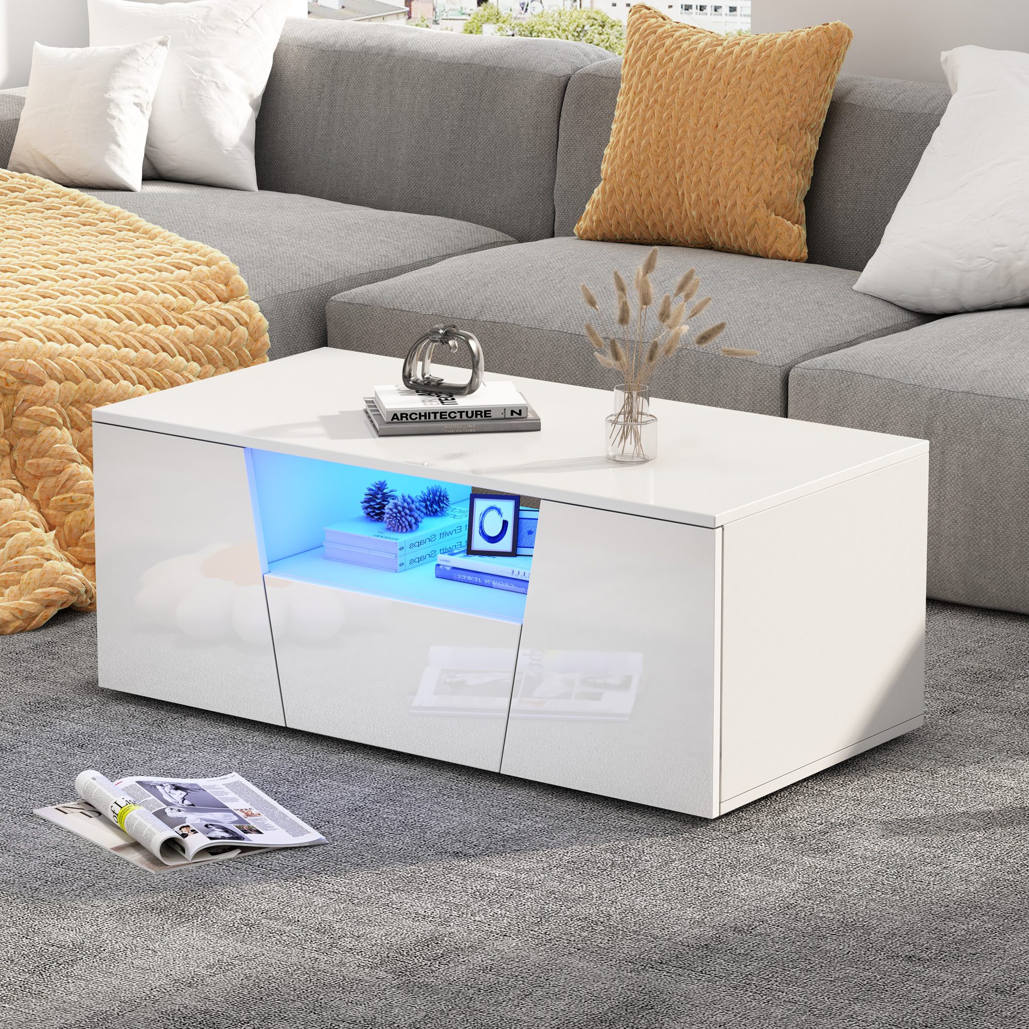 MODFU Couchtisch mit App-gesteuerter LED-Beleuchtung (Beistelltisch, Kaffeetisch, 1-St., Unregelmäßiges Design, 2 schränke, 1 schublade), mit LED licht, 100*50*40cm