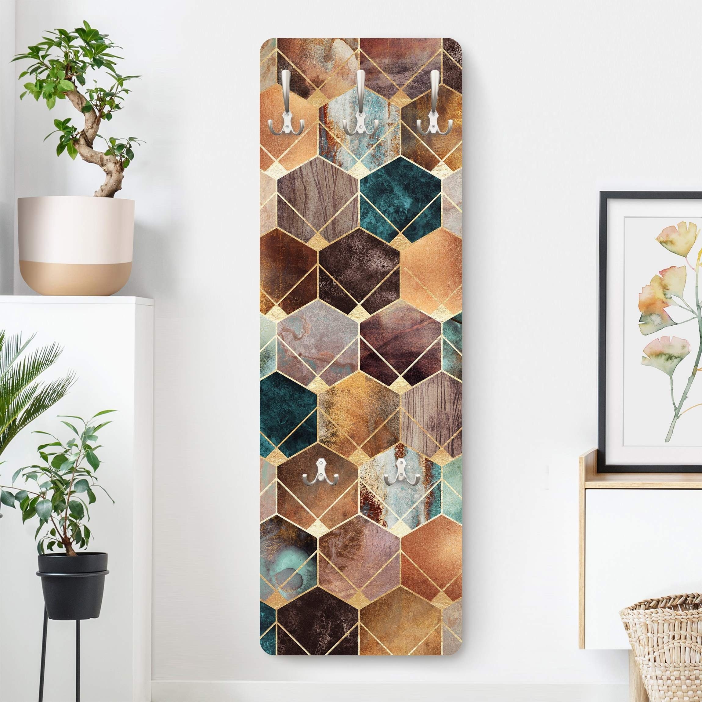 Bilderdepot24 Garderobenpaneel gold Abstrakt Aquarell Muster Türkise Geometrie goldenes Art Deco (ausgefallenes Flur Wandpaneel mit Garderobenhaken Kleiderhaken hängend), moderne Wandgarderobe - Flurgarderobe im schmalen Hakenpaneel Design