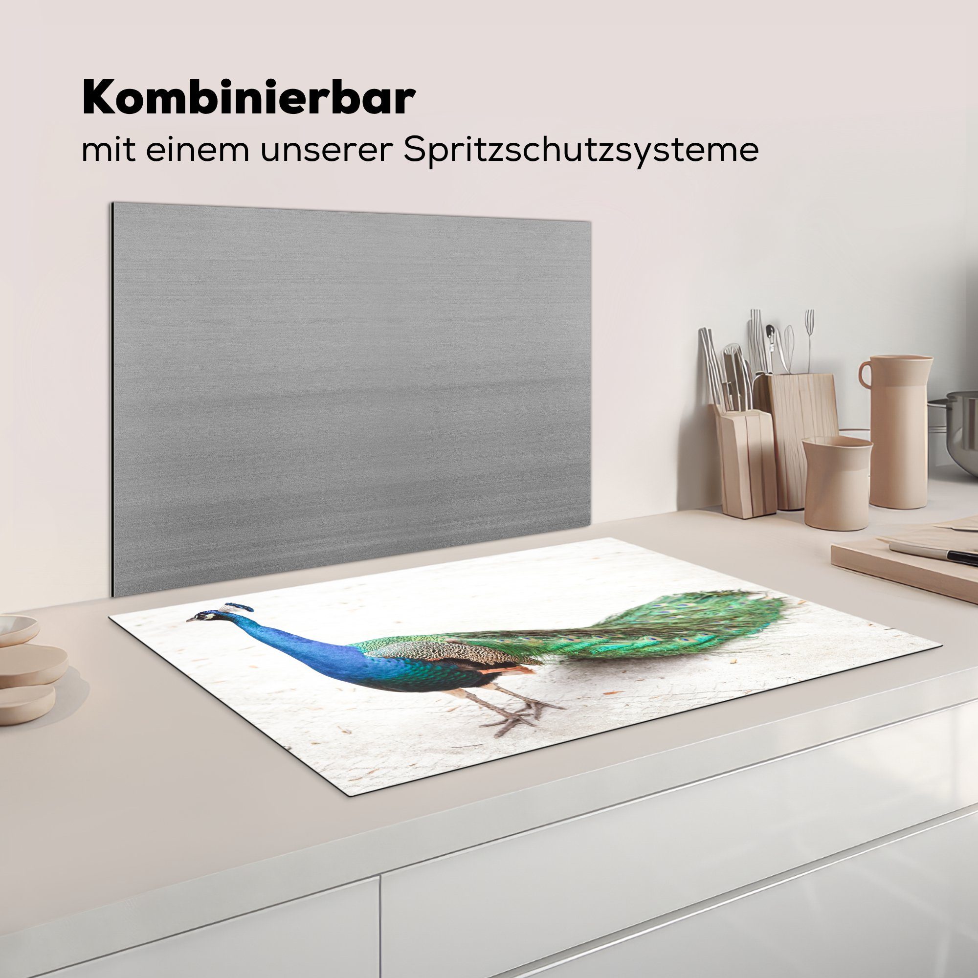 Ceranfeldabdeckung die Herdblende-/Abdeckplatte - Blau, Federn (1 - Sand cm, Pfau für küche, Induktionskochfeld MuchoWow Vinyl, Schutz tlg), 81x52 -