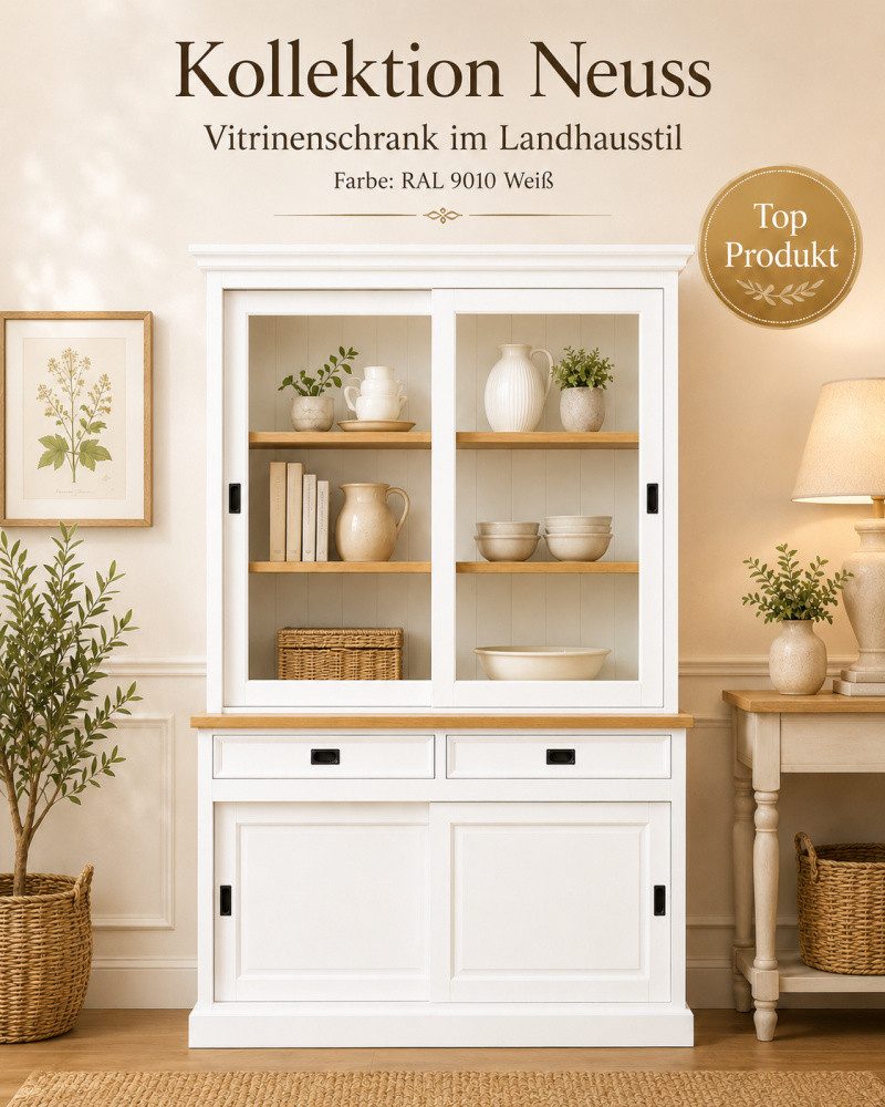 Wohnpalast Vitrine Vitrinen Schrank Neuss 150cm weiß/eiche - Buffet Schrank mit Schiebetü