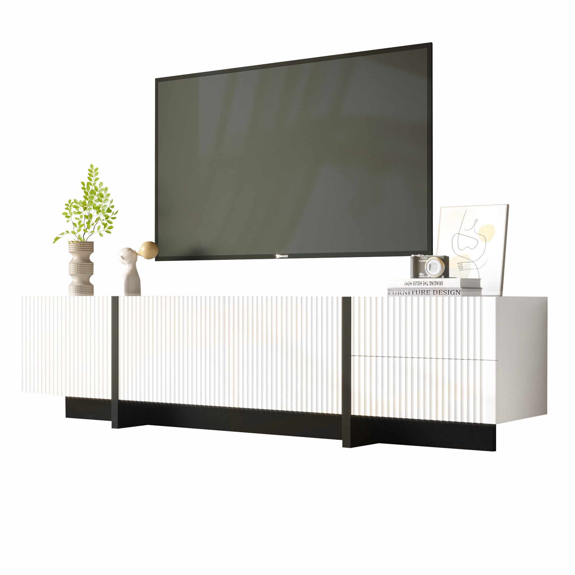 HAUSS SPOLE Lowboard mit 3 Türen, 2 Schubladen, Holzmaserung und schwarze Dekoration Weiß (TV-Board,Fernsehtisch scandi, 1 St., mit 2 Schubladen und 3 Türen), mit Schwarzem Sockel