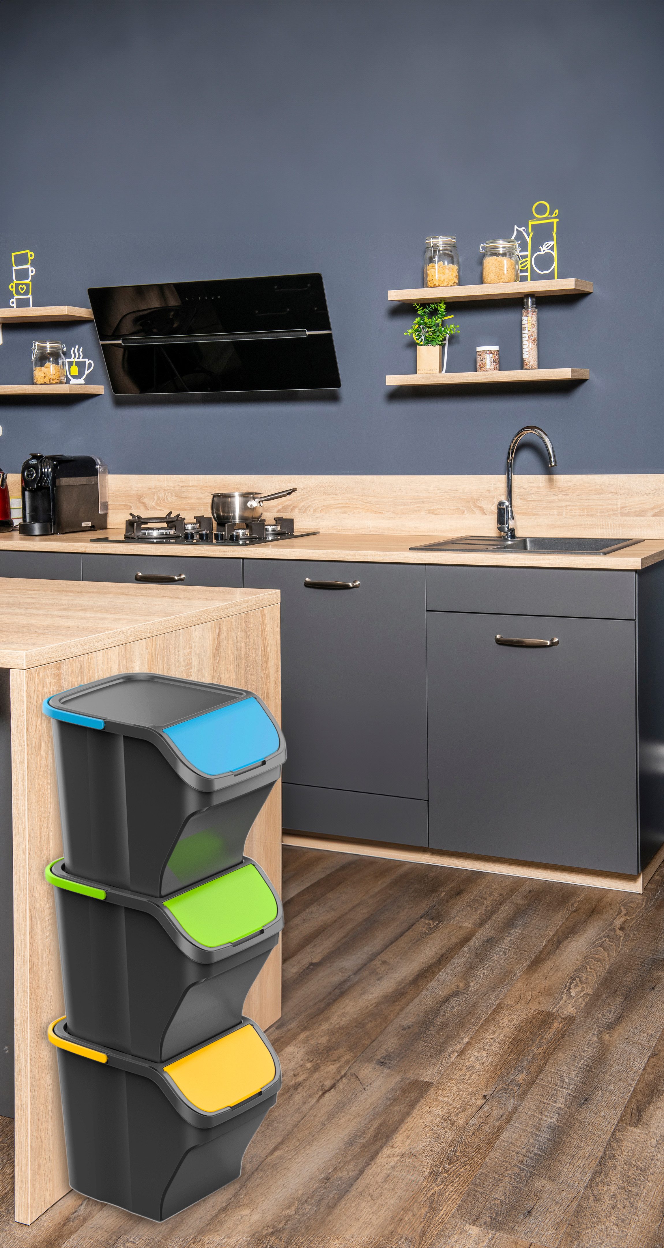 Gardissimo Mülltrennsystem Stack 3 tlg. Mülleimer Set Mülltrenner Abfalleimer Müllsortierer, 3 Behälter mit je 25 Liter Fassungsvermögen