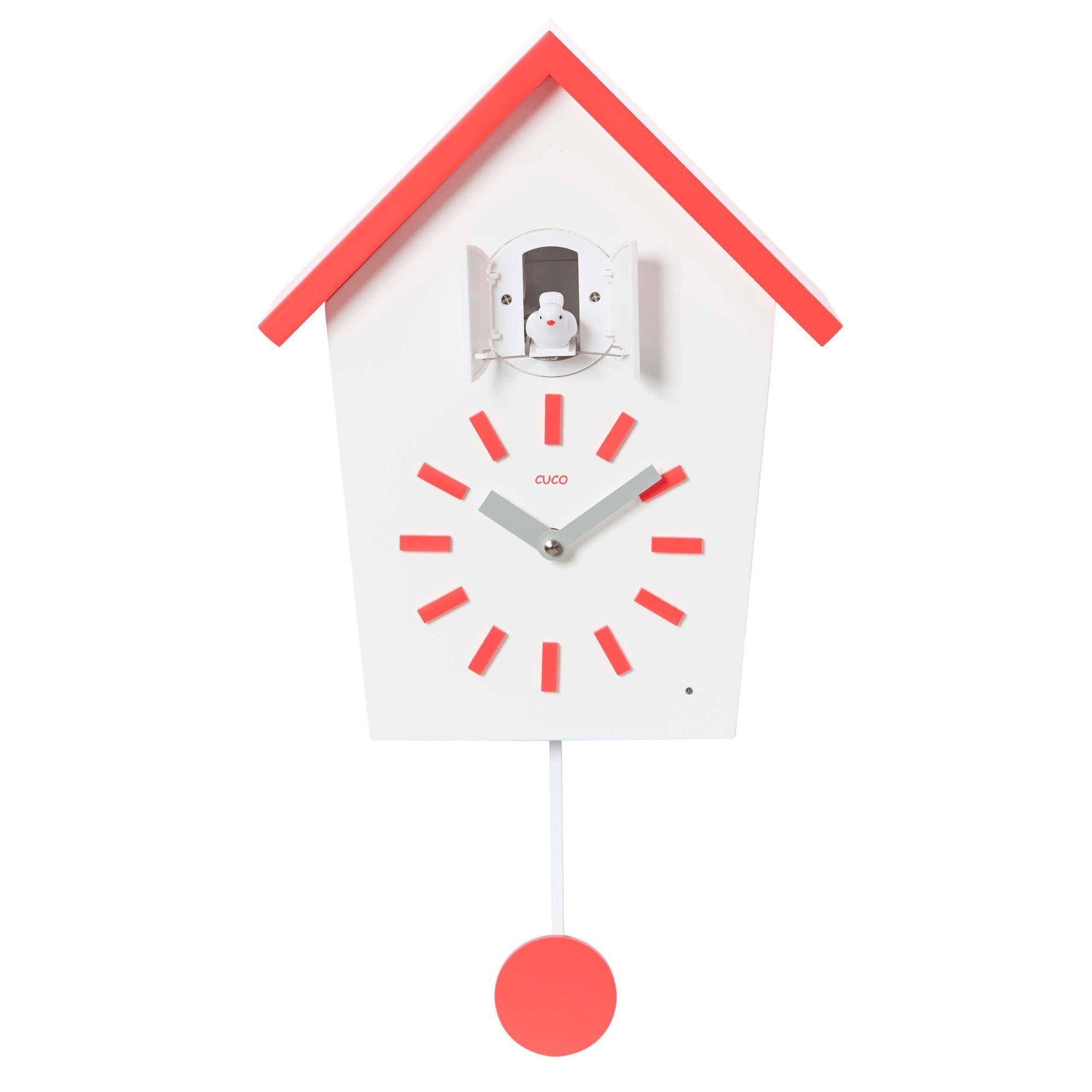 Cuco Clock Wanduhr Kuckucksuhr BAUERNHAUS, Pendeluhr Wanduhr, Moderne Schwarzwalduhr (28,3 × 22,8 × 10,4cm, mit Nachtruhefunktion, Vogelgezwitscher) Rot