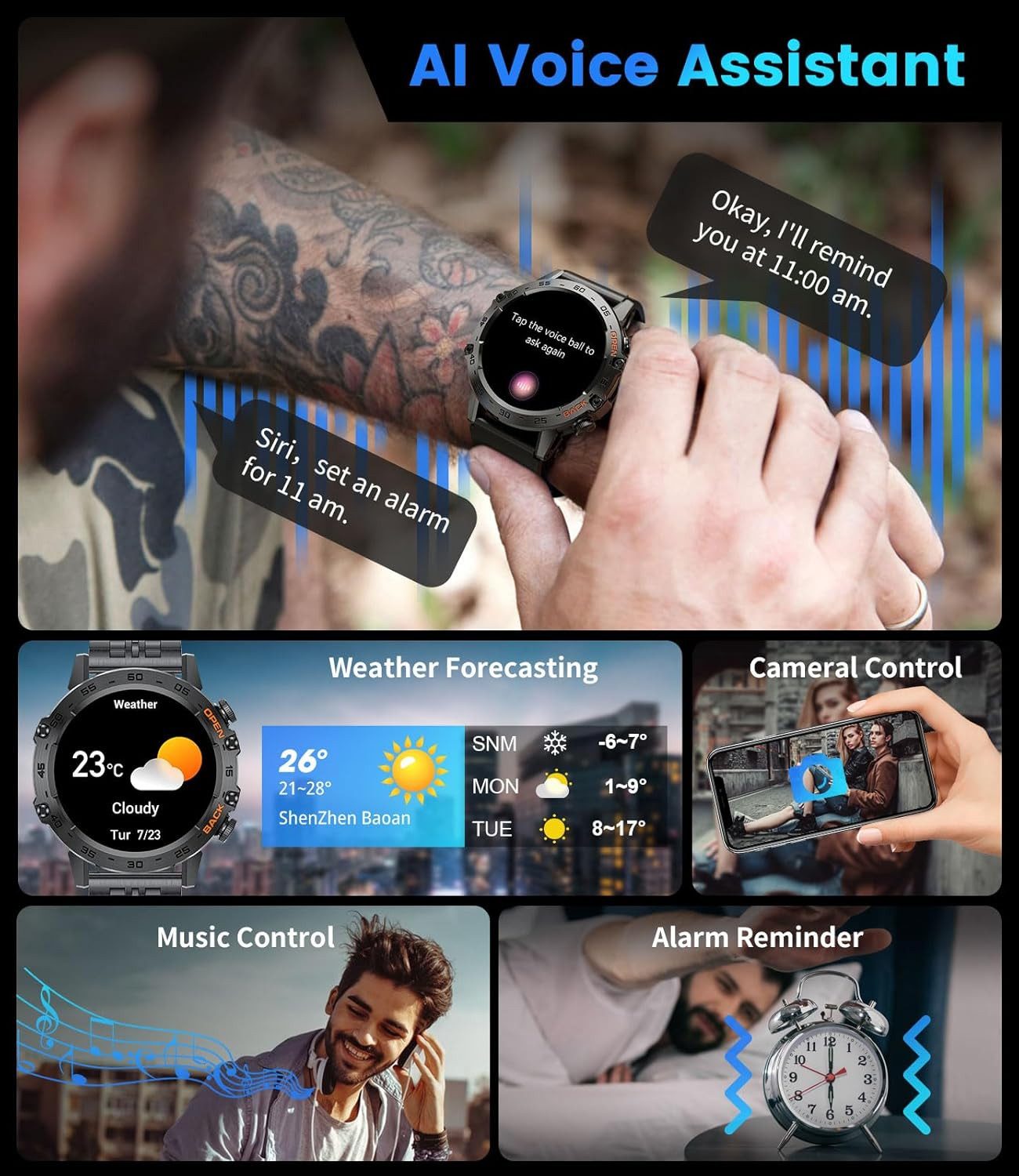 Zevelora Herren's IP68 Wasserdicht Fitnessuhr Telefonfunktion HD Smartwatch (1,39 Zoll, Android/iOS), mit Herzfrequenzmonitor Schlafmonitor 100+ Sportmodi Sportuhr