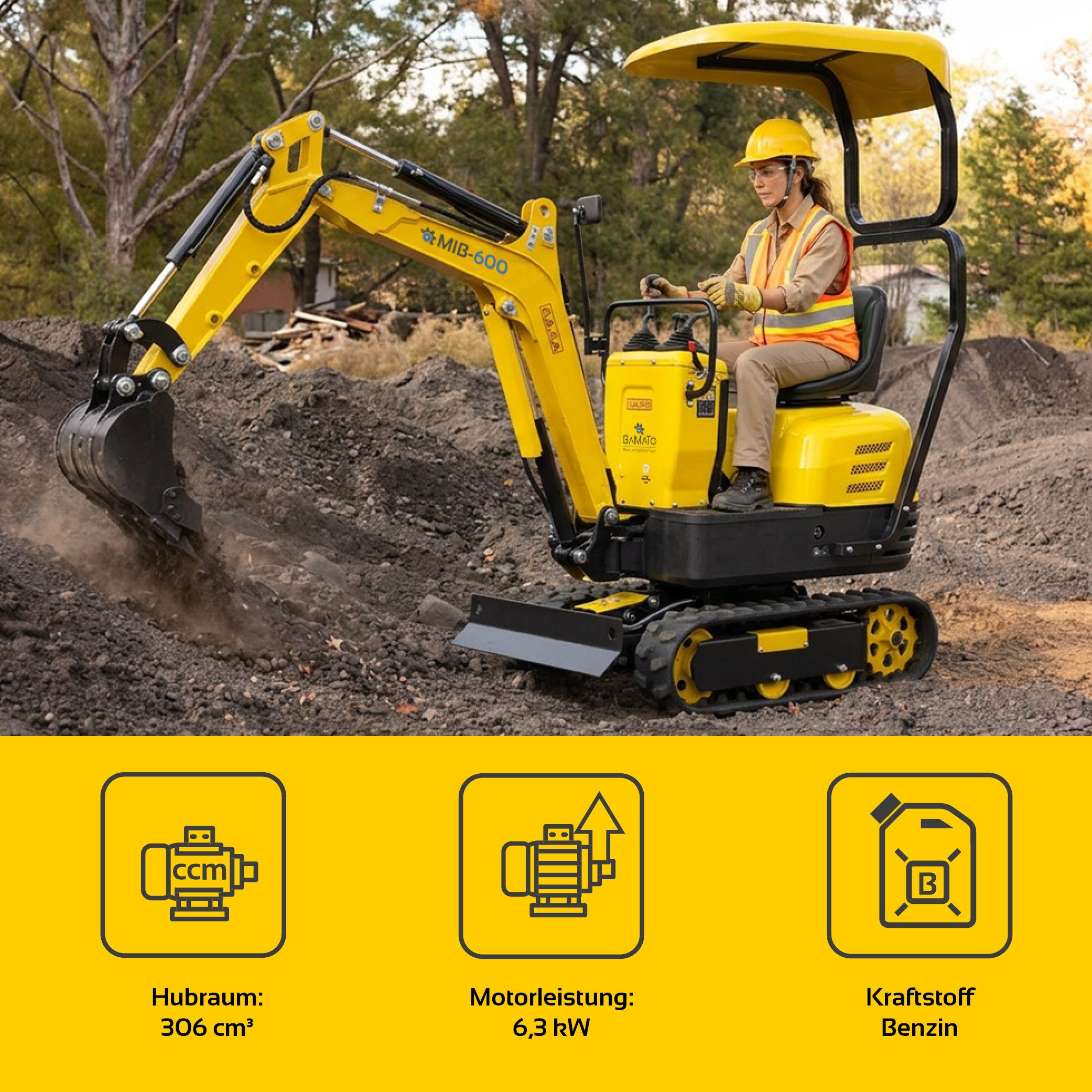 BAMATO Garten-Multifunktionsgerät - Bagger inkl. Zubehörset Minibagger Kettenbagger 8,8 kN Tieflöffel, Stk, 1, 6,3 kW Benzinmotor, 69 cm Spurbreite, vorbefüllt  – Bild 4 von 5