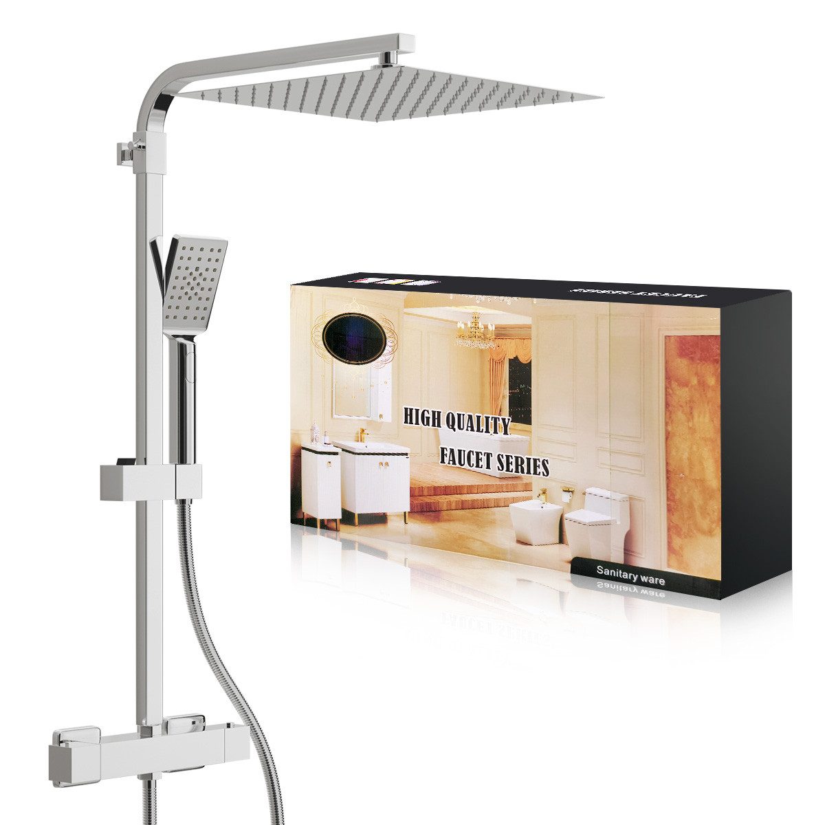 Eumaty Duschsystem mit Thermostat,30x30cm Regendusche, Edelstahl Duscharmatur Komplettset, Höhe 72 cm, 3 Strahlart(en), Regendusche mit Armatur, Verstellbarer Duschstange, Duschset