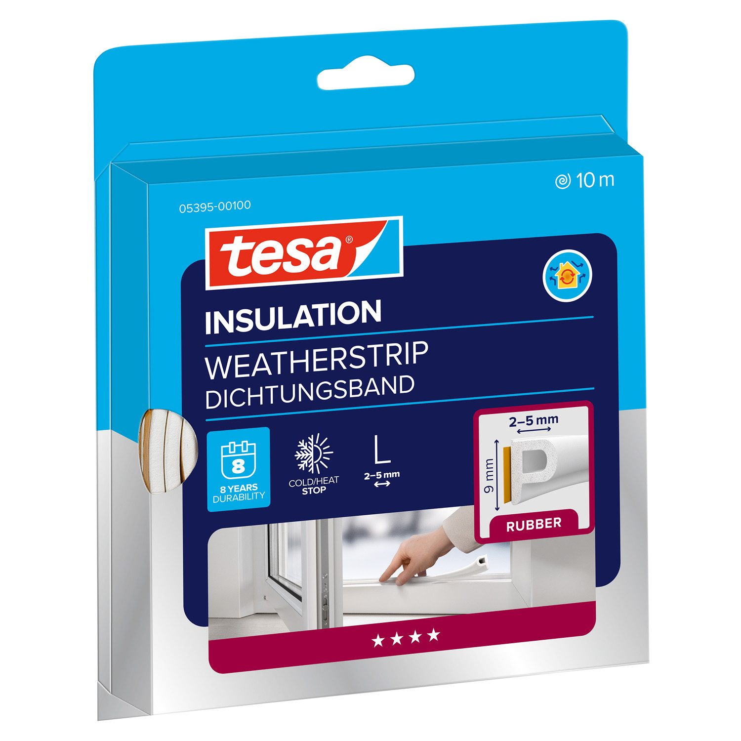 tesa Dichtband (Packung, 1-St., Gummidichtung L weiß - 10 m x 9 mm x 5,5 mm) zum Isolieren von Spalten an Fenstern und Türen