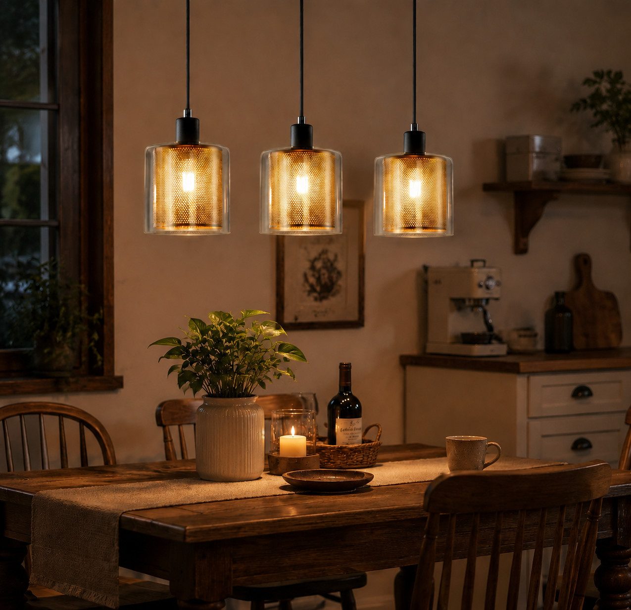 Nettlife Pendelleuchte Gold 3-flammig Glasschirmen Käfig-Design Retro Hängelampe, ohne Leuchtmittel, für Esstisch Wohnzimmer höhenverstellbar warmes Lich