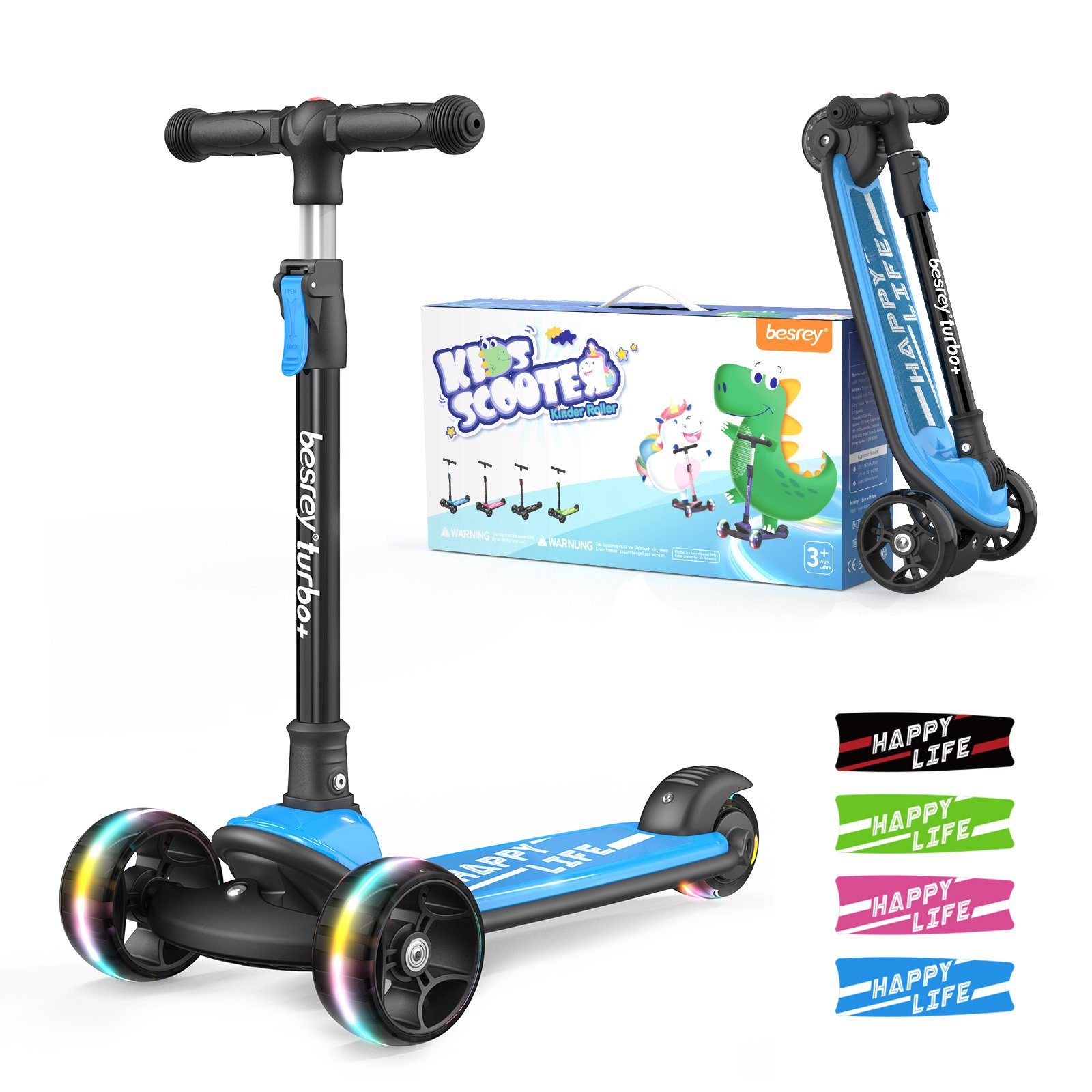 besrey Dreiradscooter Kinder Scooter Kinder Roller Kinderroller ab 3 jahre faltbar, Alle drei Räder mit LED, Kinderscooter mit ABEC-7 Kugellager
