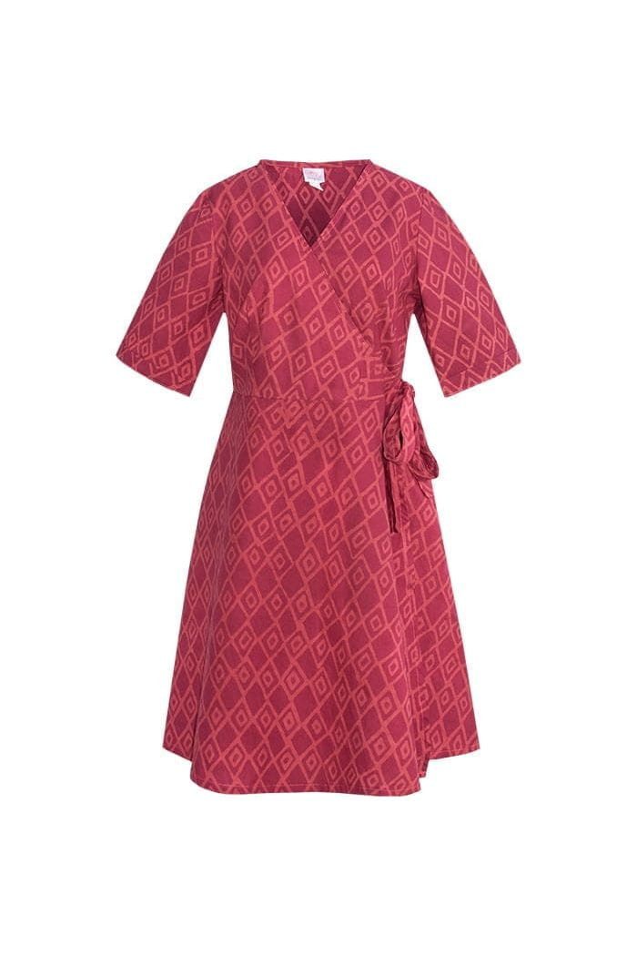 Global Mamas Wickelkleid Wrap Dress 3/4 - Argyle Wine - Rot Handgebatikt in Ghana · Unikat · Fair Trade zertifiziert (WFTO)