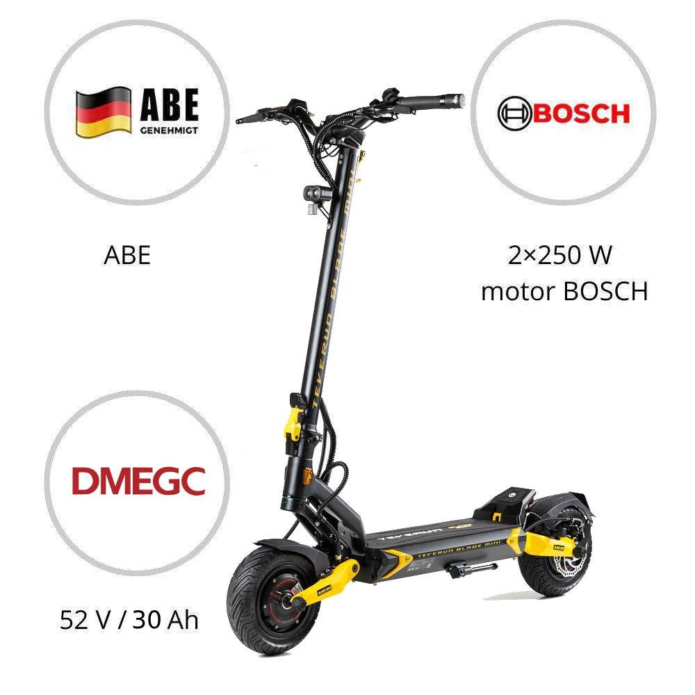 TEVERUN E-Scooter Teverun Blade Mini Ultra eKFV E-Scooter mit Straßenzulassung, 20 km/h, (Packung), 30Ah DMEGC, 2×250W Bosch, ABE, Federung, APP