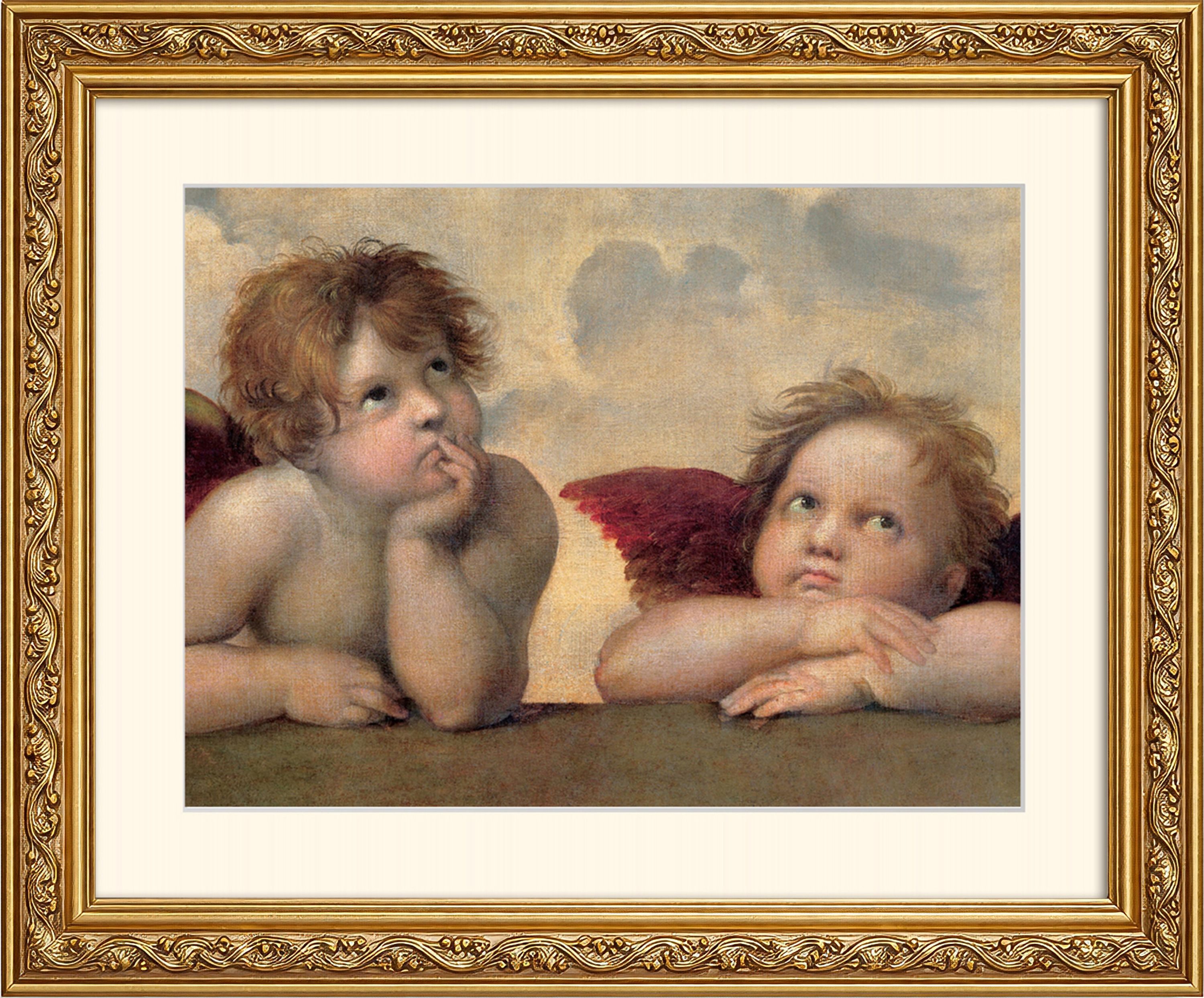 artissimo Bild mit Rahmen Wandbild gerahmt 63x53 cm Kunstdruck mit Passepartout & Barock-Rahmen, Raphael: Rafaels Engel - Angeli - Putten