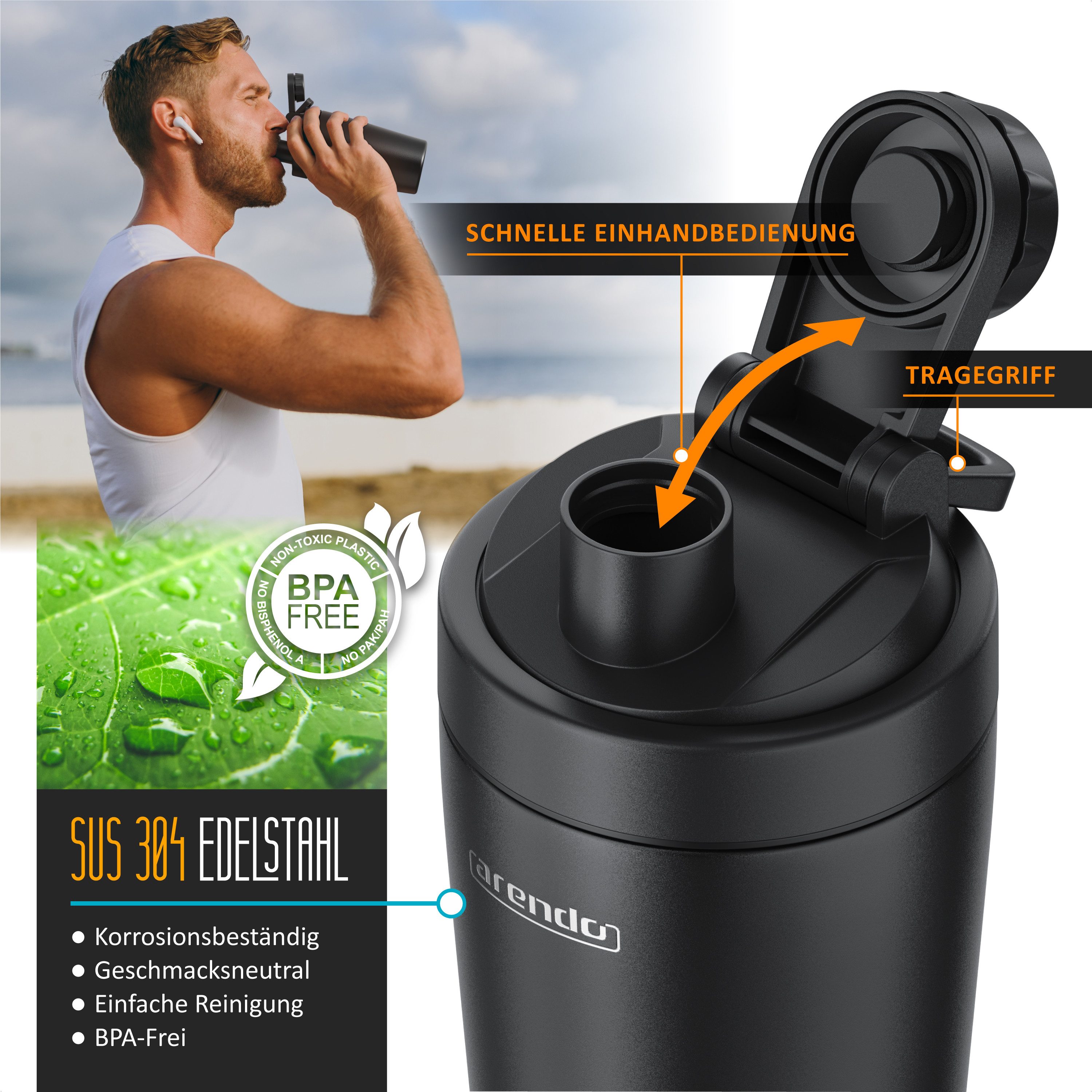 Arendo Protein Shaker Edelstahl Eiweißshaker 500 ml, verschließbar, bruchfest, BPA-frei, Edelstahl, (1-tlg), auslaufsicher, spülmaschinengeeignet, mit Tragegrif – Bild 3 von 5