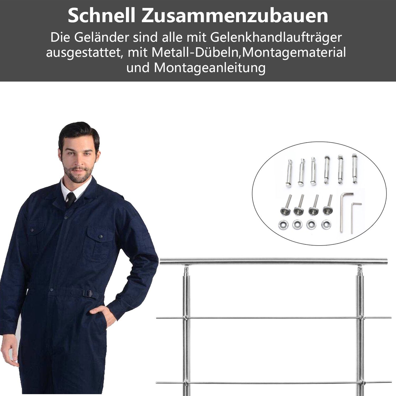 0-5 Treppengeländer Balkon Bausatz mit Brüstung Edelstahl Länge, Handlauf cm für 80 0 Querstab Garten Geländer Pfosten, Aufmontage, Lospitch