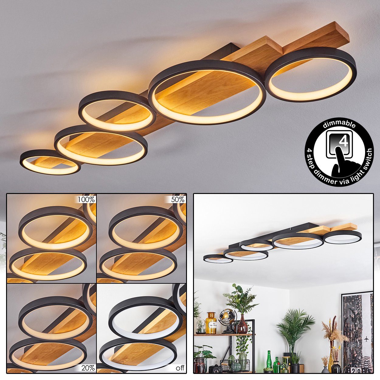 hofstein Deckenleuchte »Caces« dimmbare Deckenlampe aus Metall/Holz in Schwarz/Natur/Weiß, 3000 Kelvin