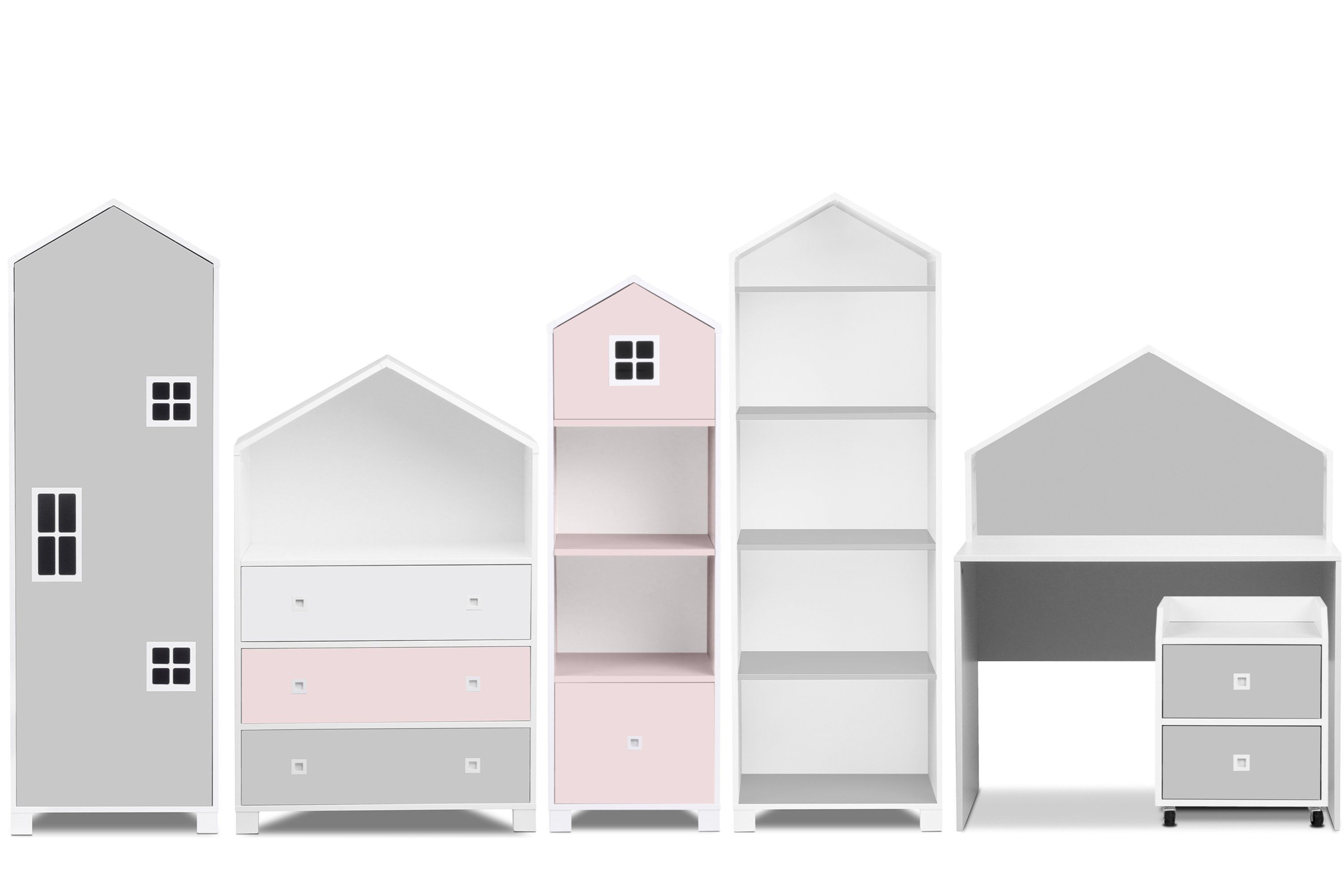 / Komplett-Kinderzimmer, Babyzimmer-Komplettset rosa grau / Kommode, Bücherregal, 2x Kleiderschrank, Rollcontainer Konsimo Kinderzimmer-Möbelset weiß MIRUM (6-St), Schreibtisch,