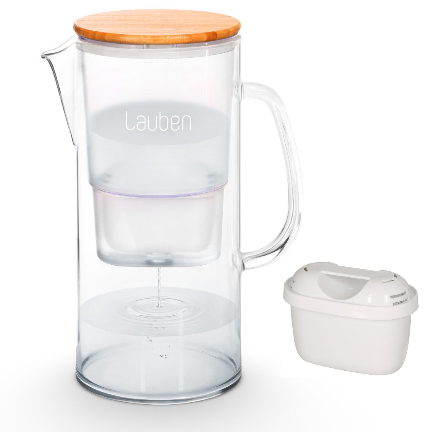 Lauben Wasserkanne Glas Wasserfilter Kanne Lauben 32GW, Volumen 3,2 Liter, inkl. 1 Stück Filter, 4 Filtrationsstufen für Gesundheit und Geschmack
