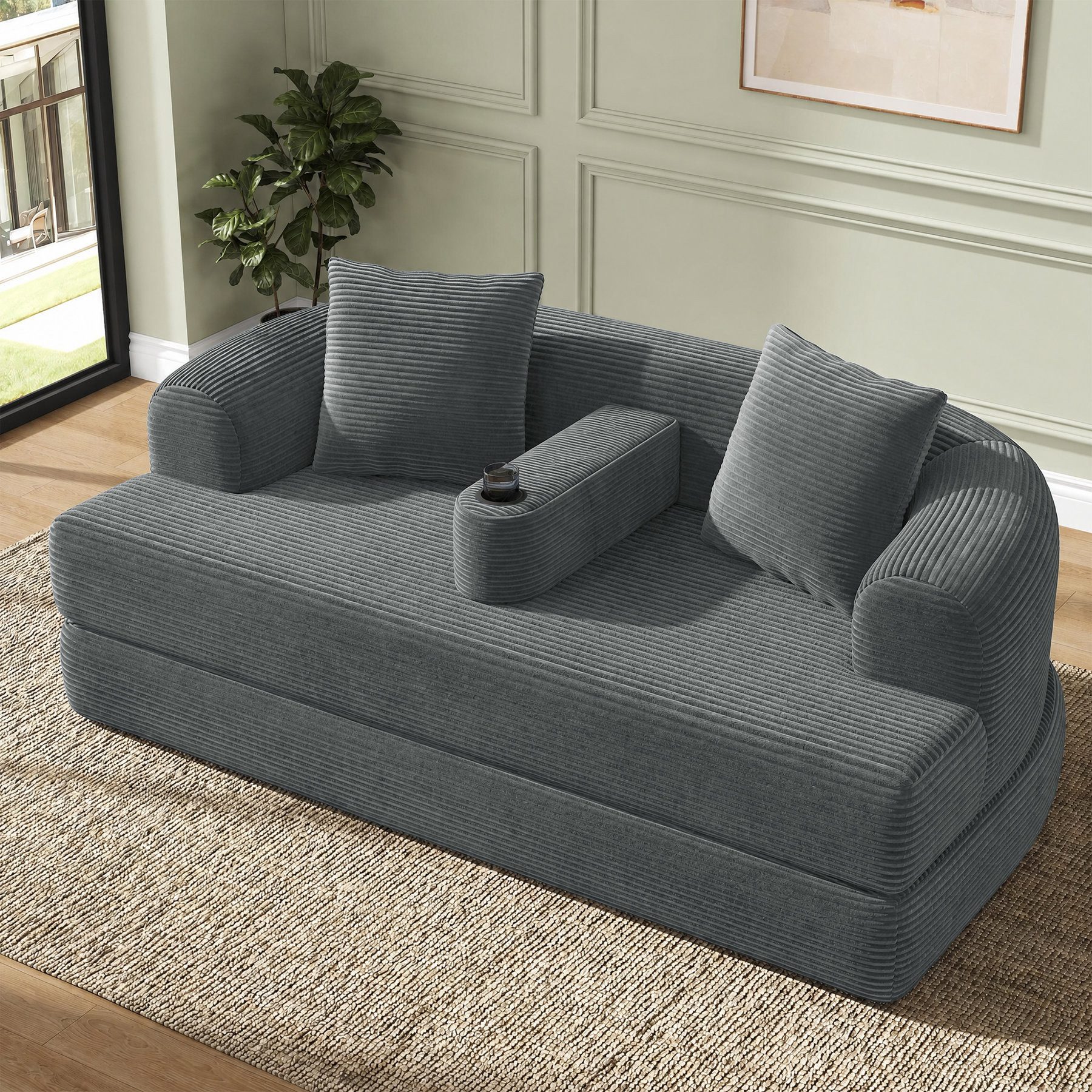Odikalo Loungesofa Modernes 2-Sitzer sofa aus Cordstoff Klappbares mit Schlaffunktion, Relaxsessel mit Lounge-Funktion Vakuumkomprimiert Montagefrei Abnehmbare Armlehne mit Becherhalter für Wohnzimmer & Apartments