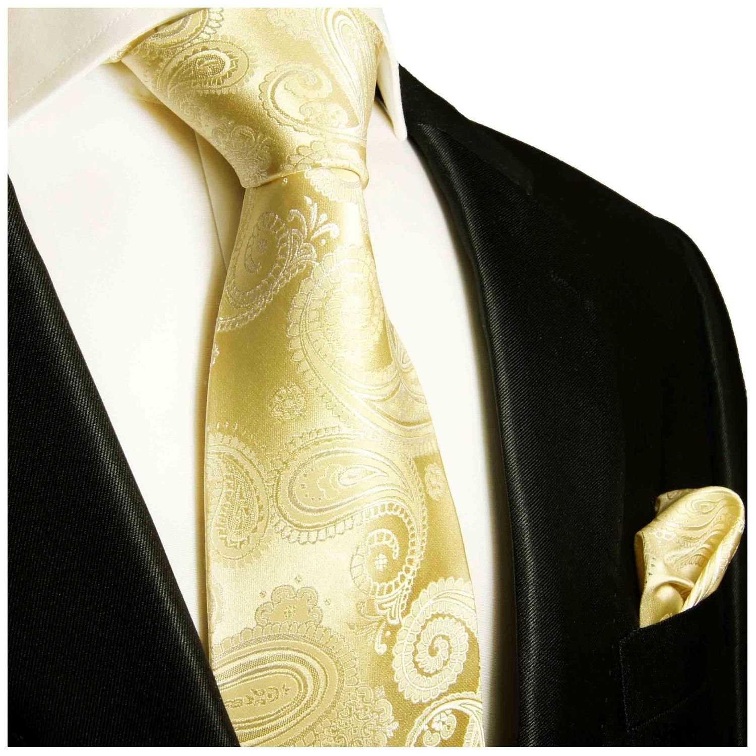 Paul Malone Krawatte Hochzeit Seidenkrawatte und Tuch modern paisley brokat  100% Seide (Set, 2-St., Krawatte mit Einstecktuch) Breit (8cm), champagner  442