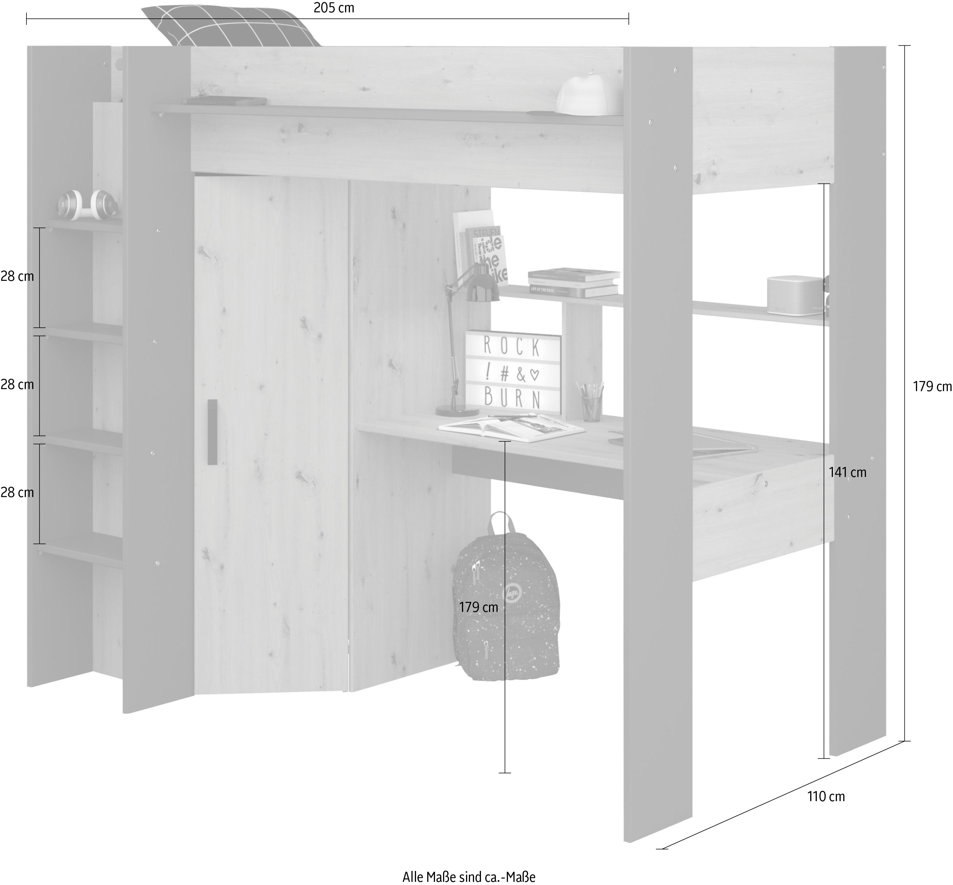 Parisot Hochbett Eiche/ Schreibtisch, Artisan Heavy Leiter, ALL-IN-ONE, schwarz Stauraum Kleiderschrank, mit