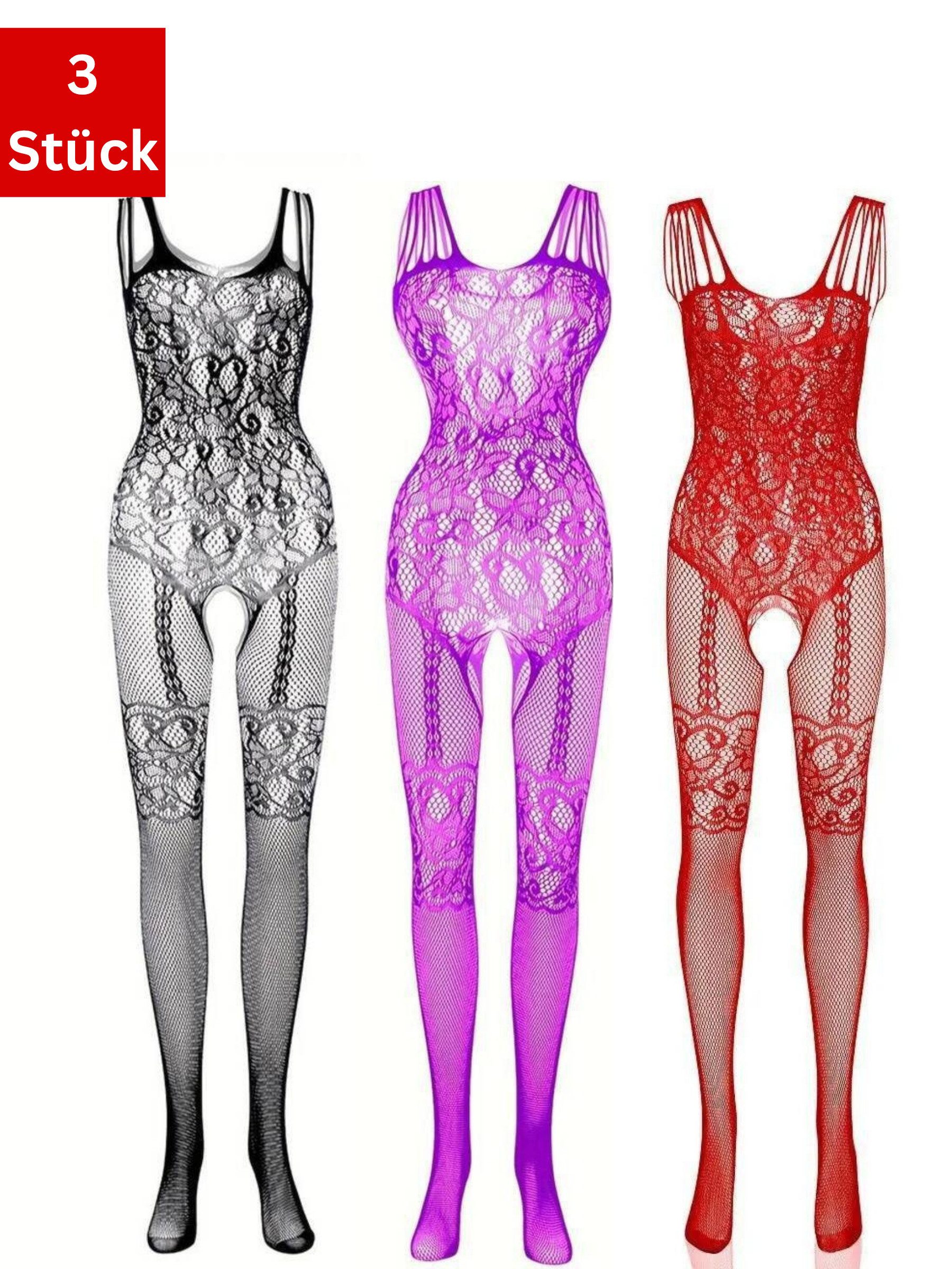 Elegant Love Bodystocking-Ouvert Sexy Strumpfbody – Ärmelloser Catsuit aus Netzstoff, Reizwäsche (Packung 3 St. 3er-Pack) Ouvert Body – Dessous mit offenem Schritt für besondere Anlässe, XS–XL