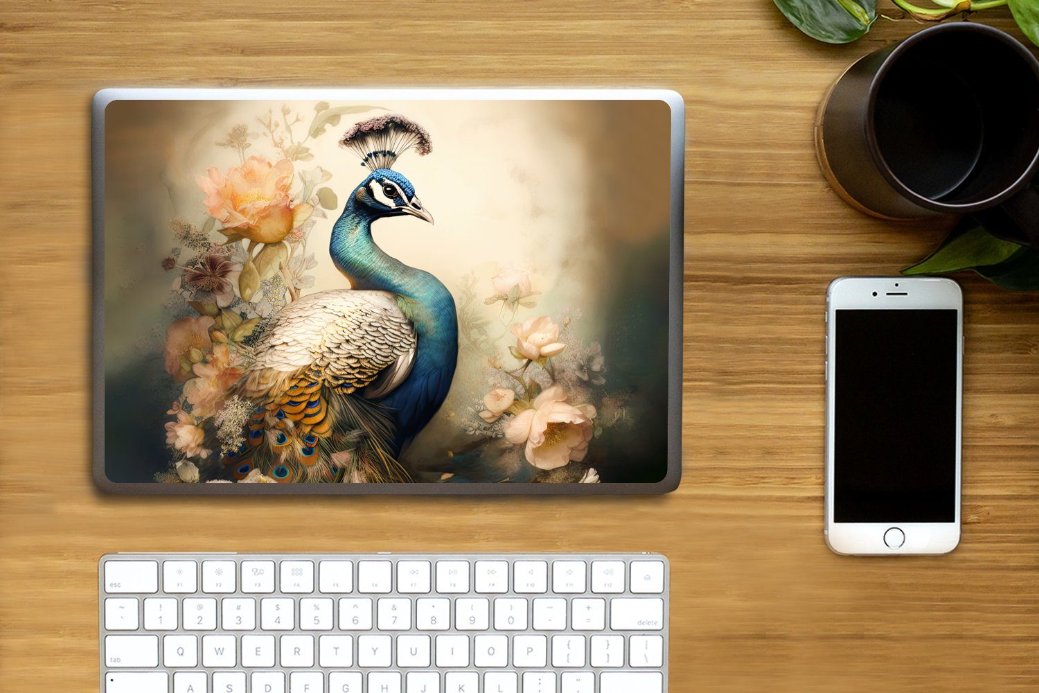 Thumbnail - MuchoWow Laptop-Aufkleber Pfau - Pfauenfedern - Blumen - Botanisch, (1tlg), Laptop Folien Cover, Aufkleber, Sticker, Sch...