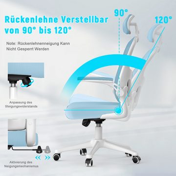 BIGZZIA Bürostuhl Ergonomisch Schreibtischstuhl mit verstellbare Kopfstütze, Drehstuhl mit 120° Wippfunktion, Bis 150kg/330LB Belastbar
