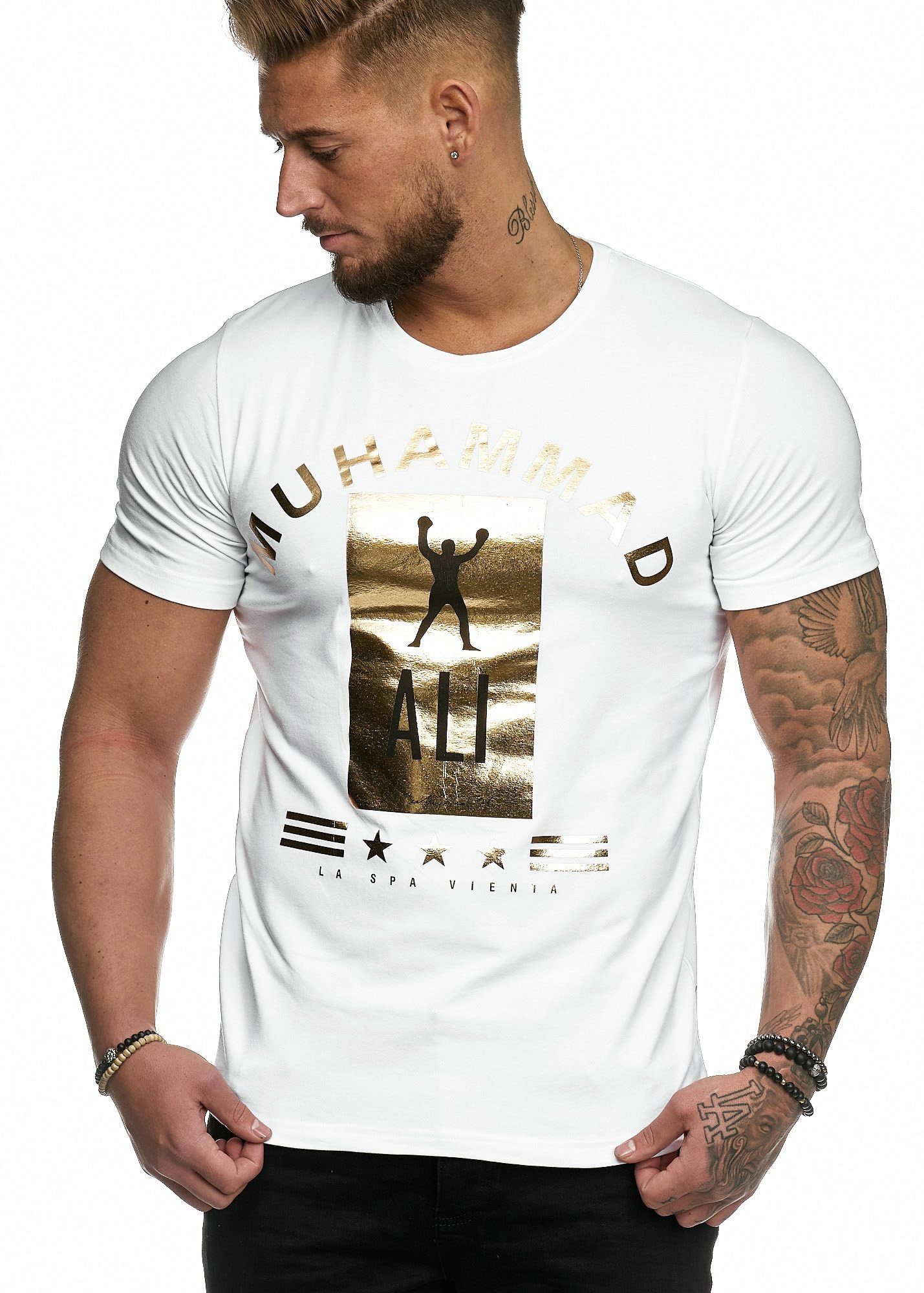 OneRedox Kurzarmshirt Gold Tee, (Shirt Weiss Fitness Casual Polo 3288C 1-tlg) T-Shirt Freizeit