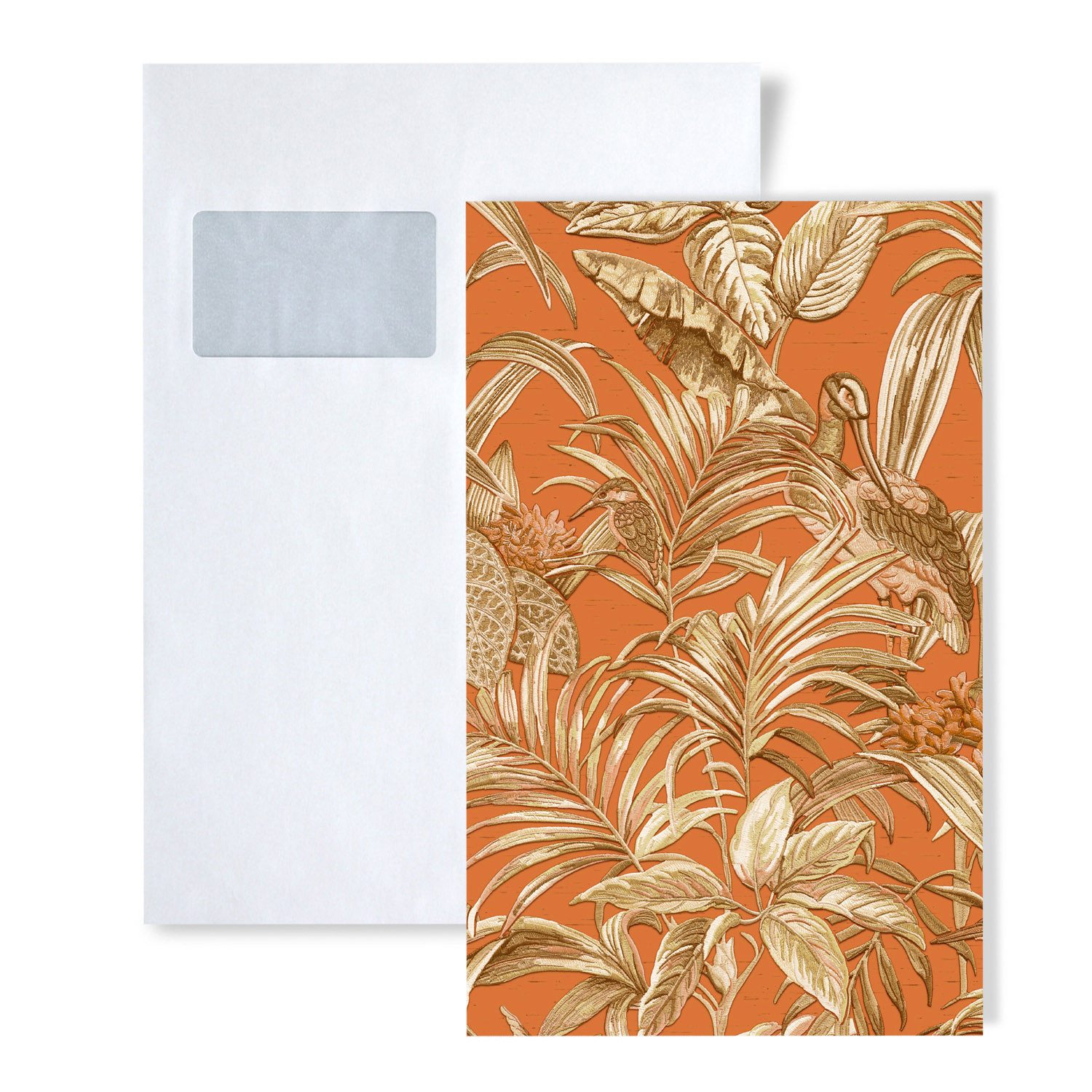 Profhome Prägetapete, glänzend, Vögel, tropisch, botanisch, (1 Musterblatt, ca. A5-A4), orange, kupfer, gold, creme-weiß