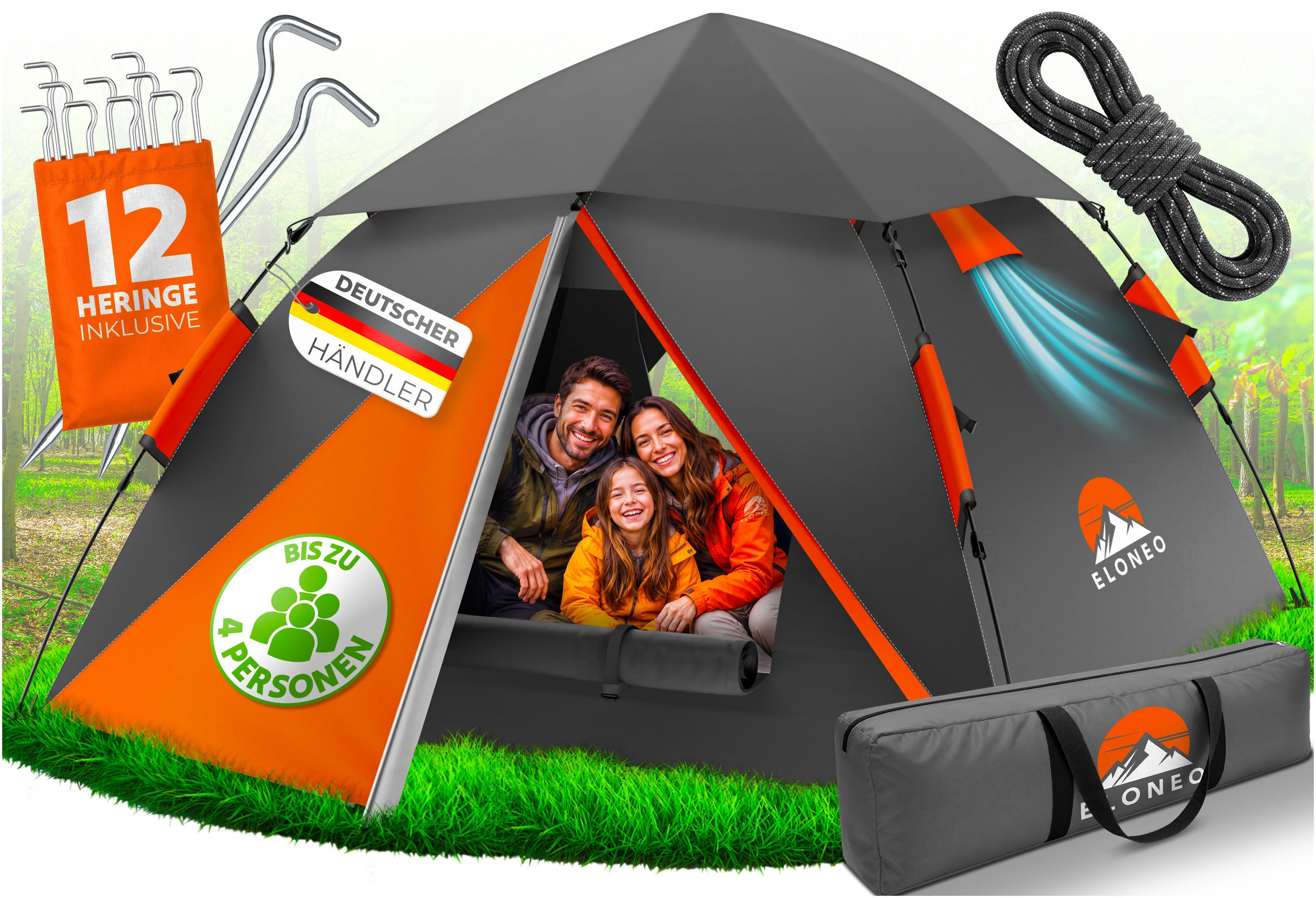 ELONEO Wurfzelt ELONEO Wurfzelt 245x225x150 cm – Pop-Up Campingzelt für 2–4 Personen, Personen: 4, Regendicht, Schnelle Einrichtung, UV-Schutz, Winddicht