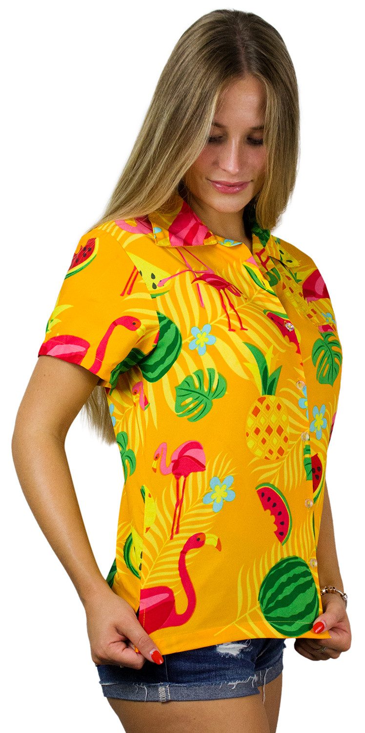 King Kameha Hawaiihemd Flamingo Melone Funky Hawaiibluse Damen Kurzarm Front-Tasche Stylish