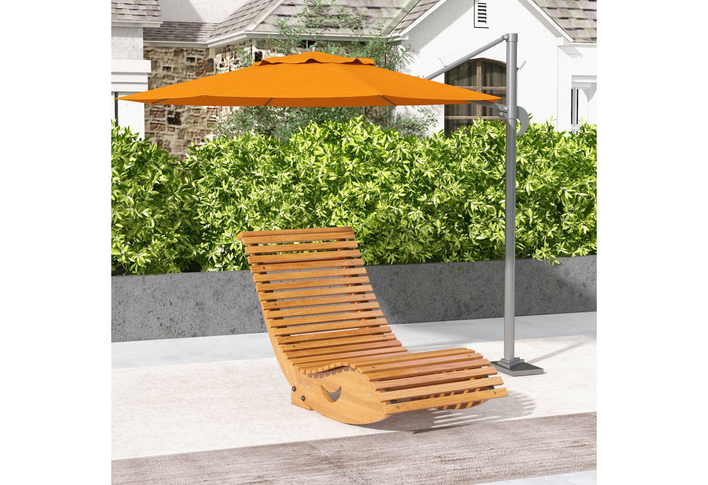 Outsunny Schaukelstuhl Schaukelliege Holz Ergonomisch Schwingstuhl mit S-Form, Kippschutz (Gartenliege, 1 St), bis 120 kg belastbar für Balkon, Terrasse, Hellbraun, 130 x 60 x 60 cm
