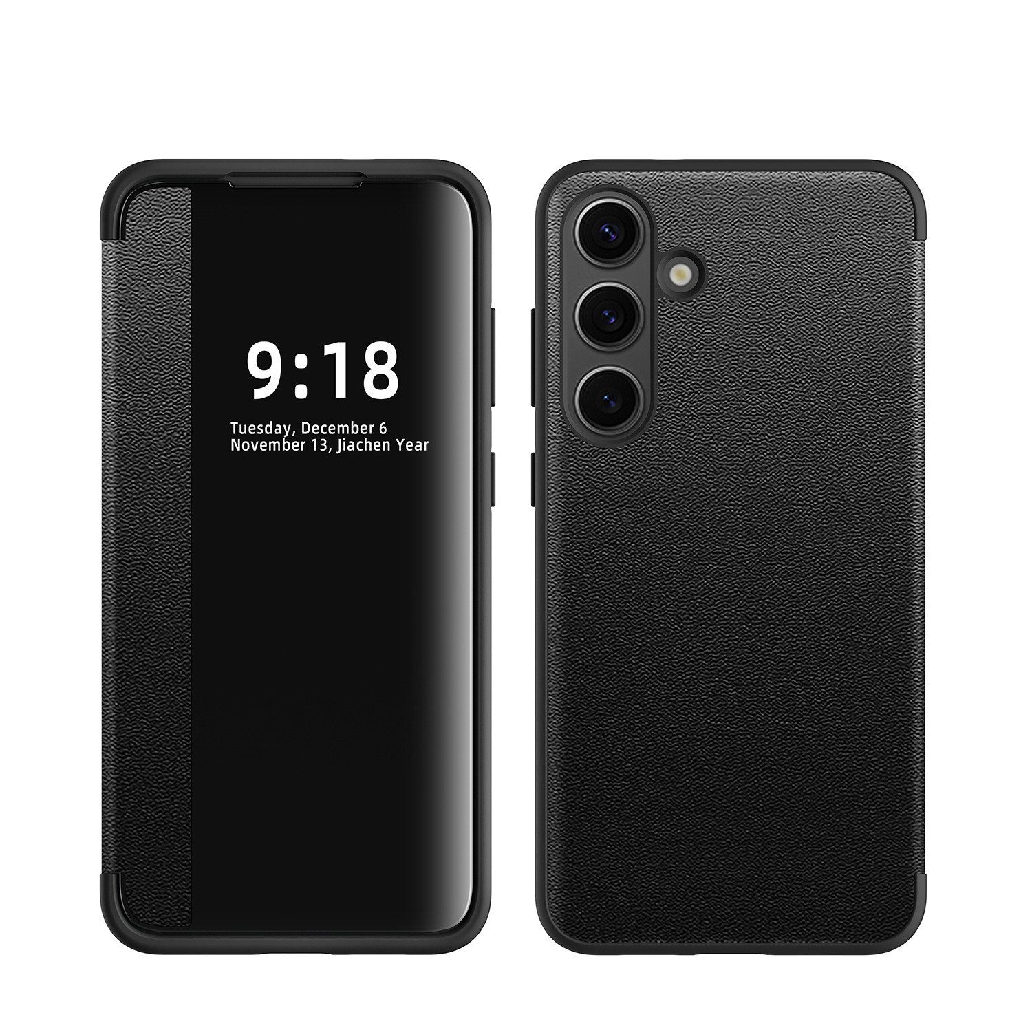 Wigento Handyhülle Für Samsung Galaxy S25 5G Mirror View Smart Cover Handy Hülle Schwarz, Spiegelansicht, Sichtfenster, Kratzschutz