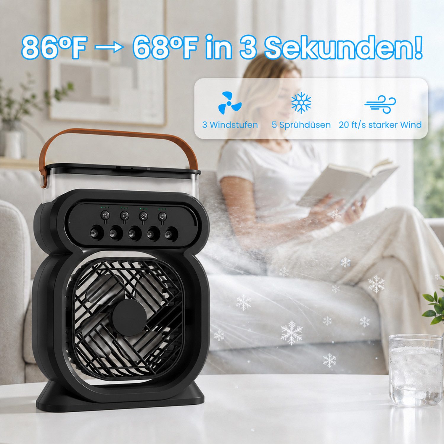 MOPUEA Ventilatorkombigerät 4-in-1 Mobiler Luftkühler mit Sprühnebel 3 Stufen & 7 Farben Licht, 5-fach-Sprühnebel, 3 Windstufen, Timer und leiser Betrieb unter 35 dB.