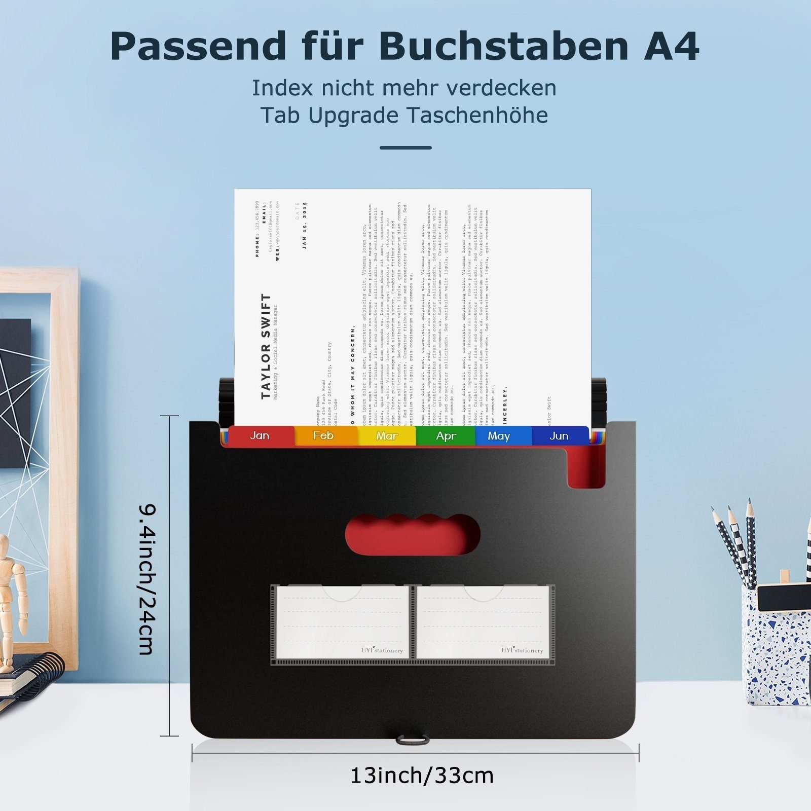 Fine Life Pro Dokumententasche A4 Dokumentenmappe Papier Ordner 13 Fächer (1-tlg), Tragbares Akkordeon Fächermappe mit Deckel und Farbigem Tabs