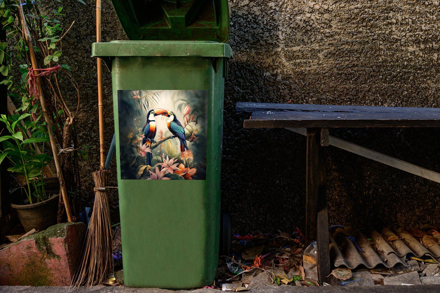 MuchoWow (1 Vögel Dschungel Mülltonne, Sticker, Blumen Natur Mülleimer-aufkleber, Tukan Container, St), - - - Abfalbehälter - Wandsticker