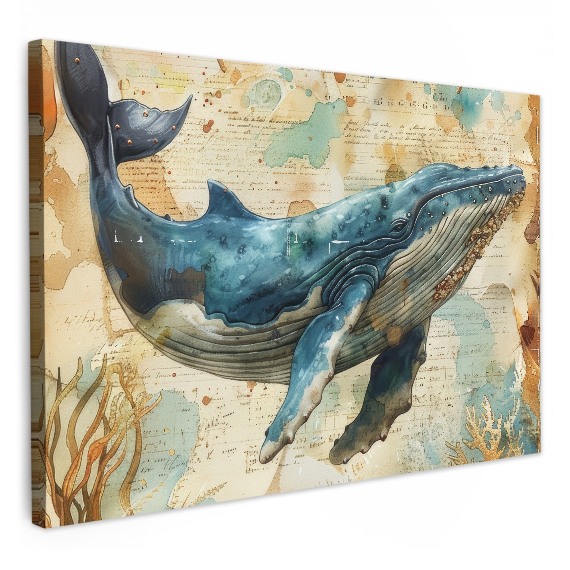 OneMillionCanvasses® Leinwandbild Vintage - Wal - Aquarell - Blau - Meerestiere, Fotodruck (1 St), Bilder für Badezimmer, Bad und Toiletten Deko, Bild WC 30x20 cm