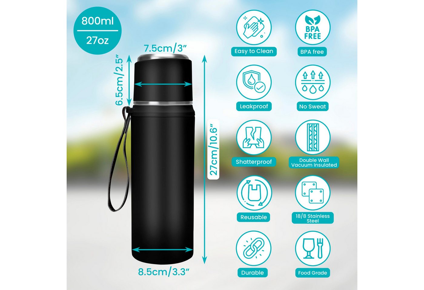 Thumbnail - Belle Vous Wasserspender Belle Vous Schwarze Thermoskanne aus Edelstahl - 800ml doppelwandiger