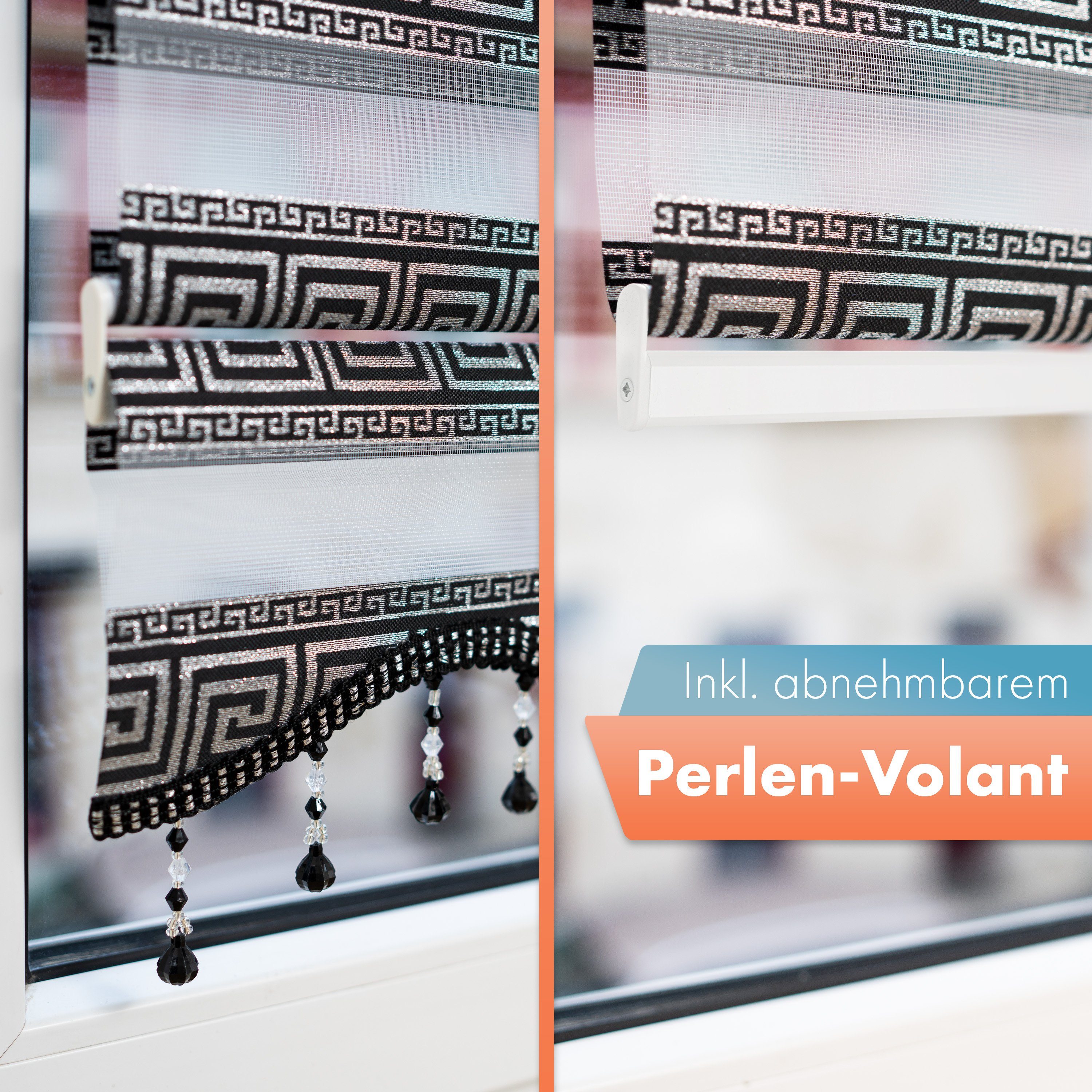Doppelrollo mit Perlen, Mäander Ornamente Design, Bailena, Lichtschutz, ohne Bohren, freihängend, Klemmfix, glitzernd, Gardine mit Volant-Bordüre