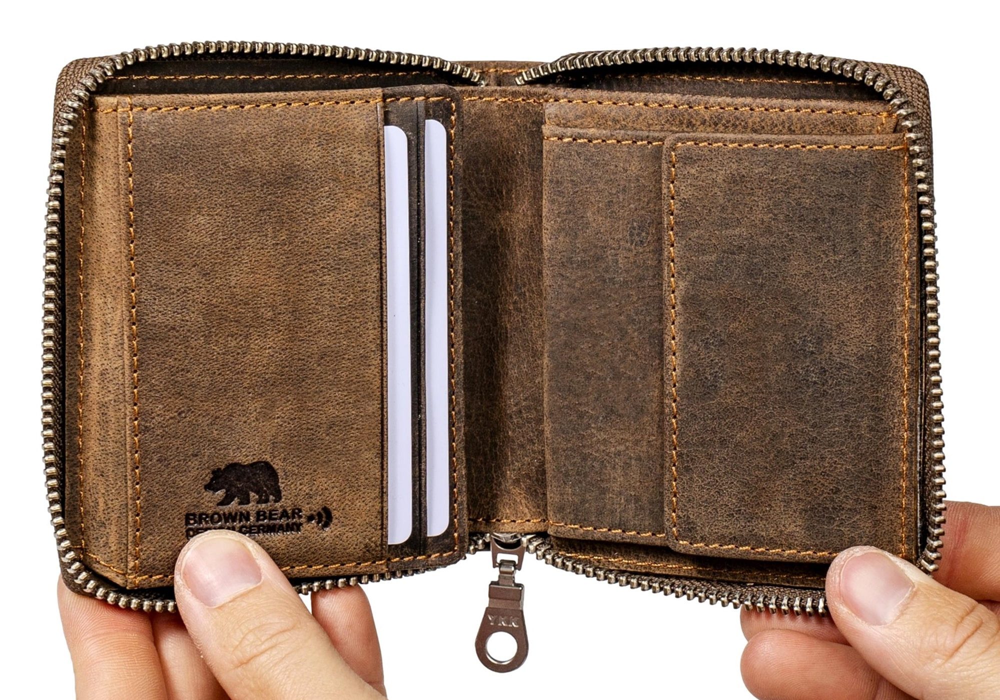 Brown Bear Geldbörse Modell Max umlaufender Reißverschluss kleineres Hochformat, mit 8 Kartenfächern und RFID Schutz Braun Vintage