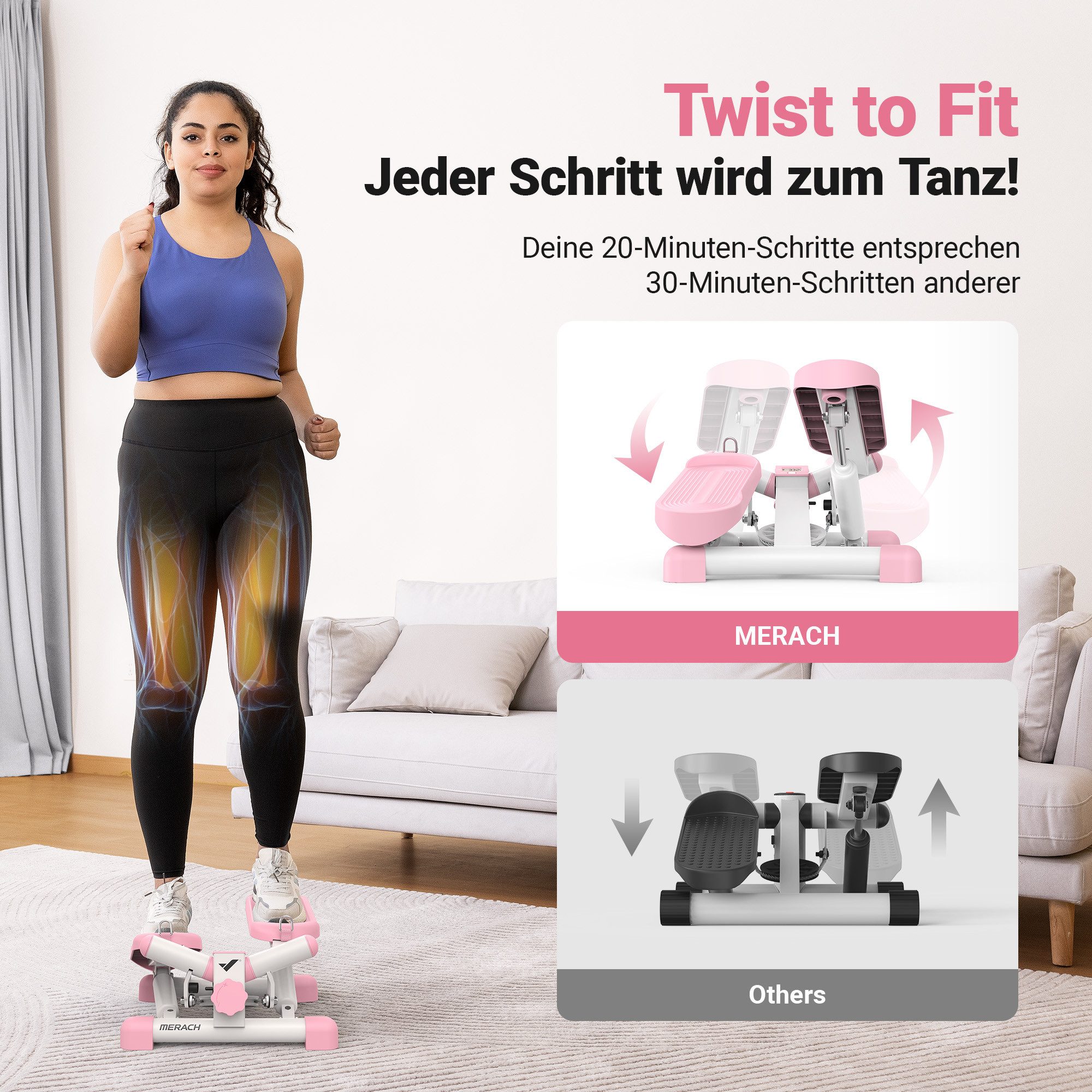MERACH Mini-Stepper 2-in-1 Mini Stepper für Zuhause, Drehstepper und Sidestepper (mit LCD-Monitor, Power Ropes, Belastbarkeit bis 150 kg, für Bein/Arm/Butt Training, Anfänger & Fortgeschrittene), Fitnessübungen für das Heimbüro, Hometrainer Widerstand