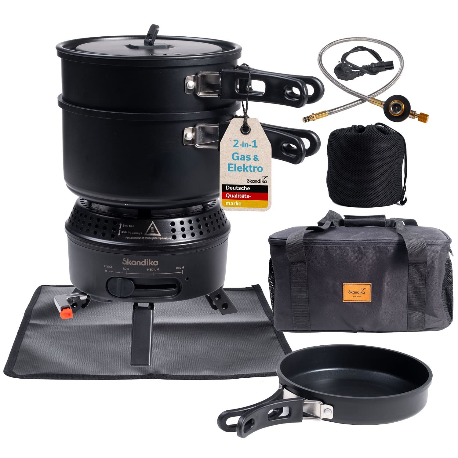 Skandika Gaskocher Campingkocher Hybrid Rask Set, mit Geschirr, Topf und Pfanne, (Alle Teile platzsparend ineinander stapelbar, Tragetasche), 2 in 1 Betrieb mit Strom oder Gas, Set mit Unterlage & Tasche