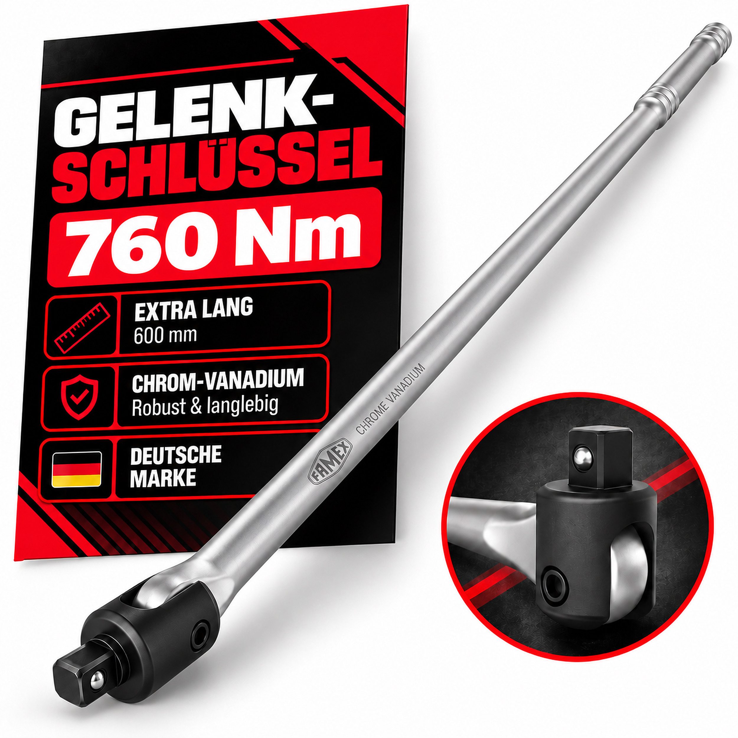 FAMEX Drehmomentschlüssel Gelenkschlüssel 1/2", 760Nm, Gelenkgriff, extra lang, Auto (Drehstange, Steck-Drehgriff, 1 St), bis ca. 760Nm, 60cm, Van von FAMEX
