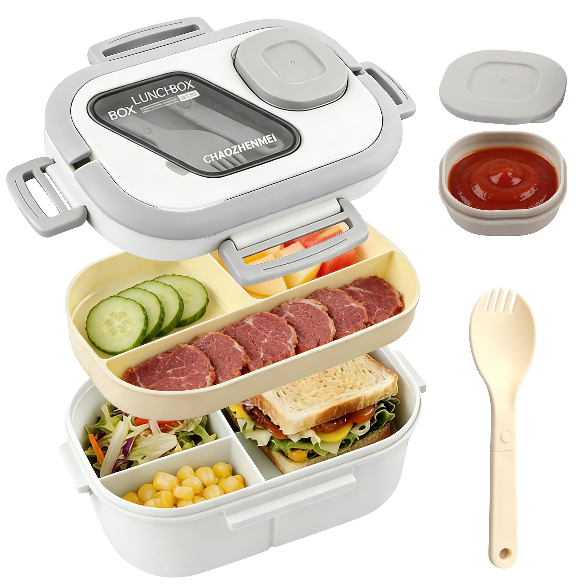 Diwzbyn Lunchbox Bento Box Lunchbox 2-stufig, 6 Fächer, Auslaufsicher, BPA-frei, Mit Saucenbehälter & Besteck, mikrowellengeeignet, 1200 ml