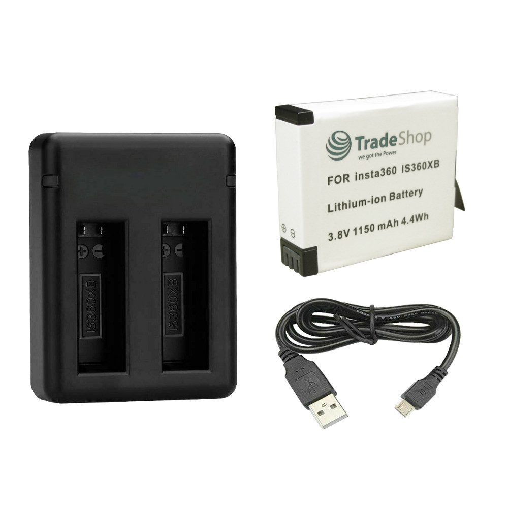 Trade-Shop 2in1 Set passend für insta360 PL903135VT-S01 PL903135VT Ladegerät + Kamera-Akku Li-Ion 1150 mAh (3,8 V), Für 220V Steckdose und 12V/24V Kfz Zigarettenanzünder