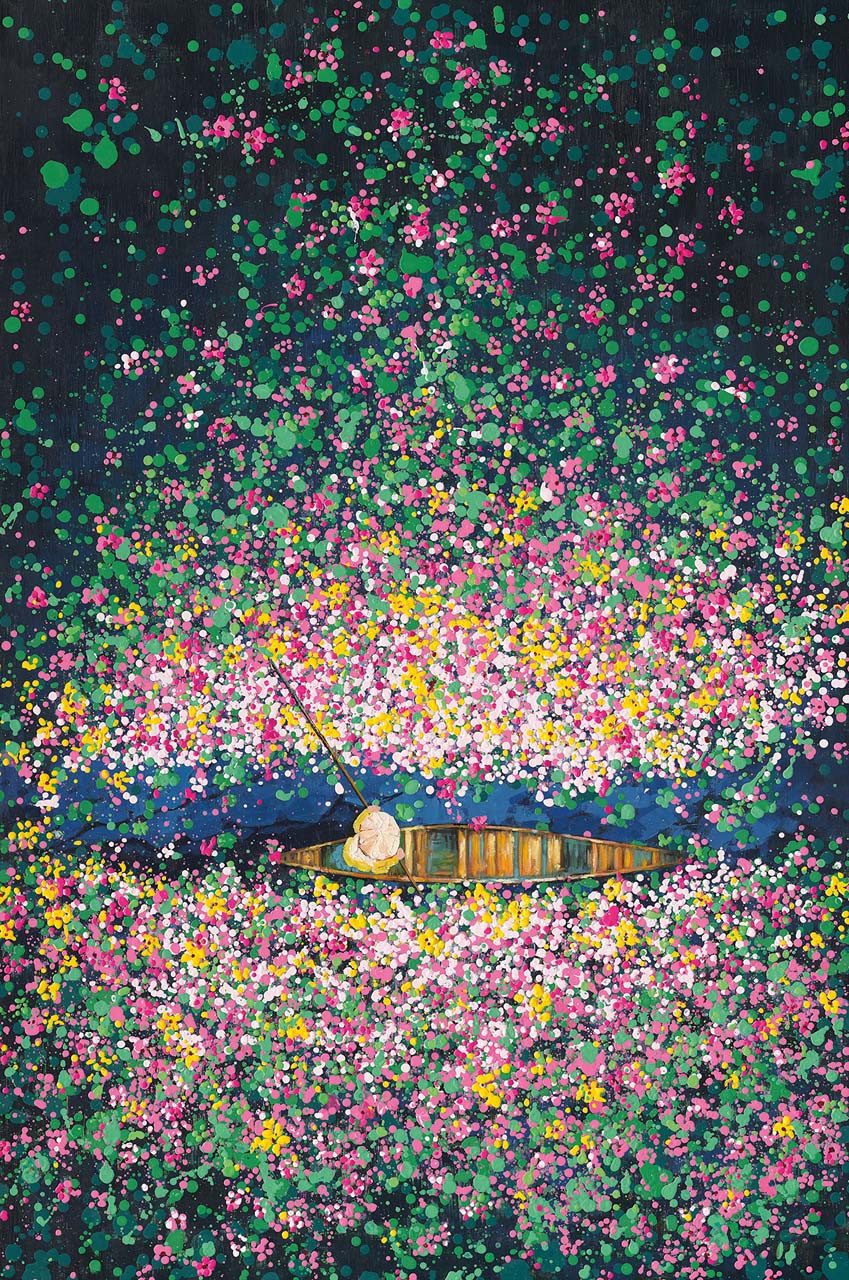 ArtUniverse Gemälde Blumenboot II Naturmotiv Bunt 80 x 120 cm, Naturmotiv