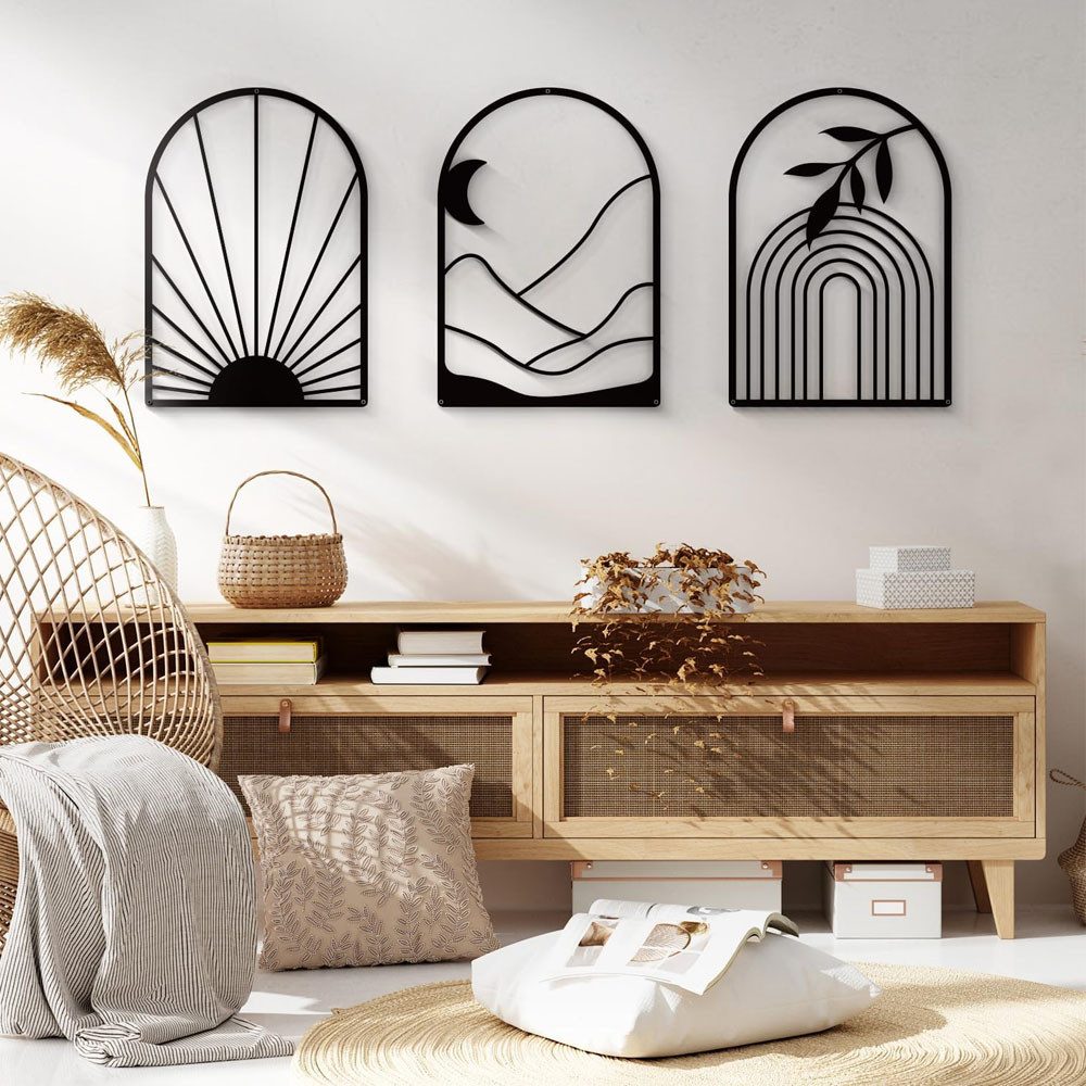 TUWENA Wanddekoobjekt 3 Stück Boho Metall Wandkunst,Moderne Geometrische Schwarze Dekoration