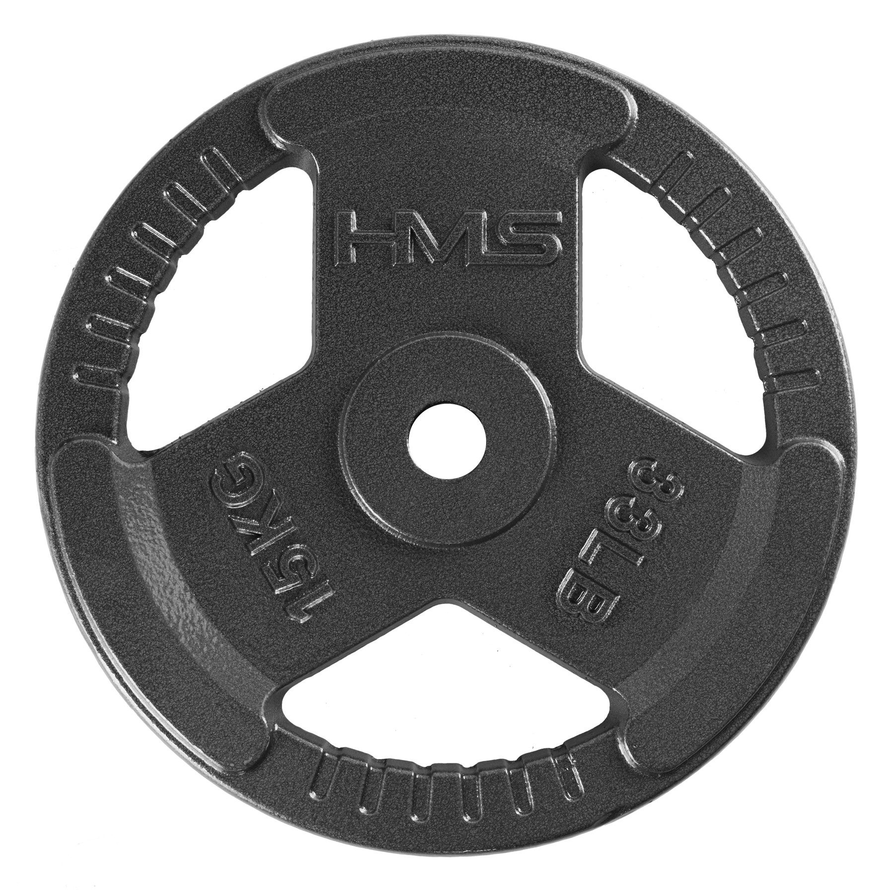 HMS Hantelscheibe Gewichtsscheibe Griffscheibe Krafttraining, 15.0 kg, (Spar-Set, 1-tlg., 355 x 38 mm griffig), Gusseisen, 3 Grifföffnungen, 31-mm-Bohrung