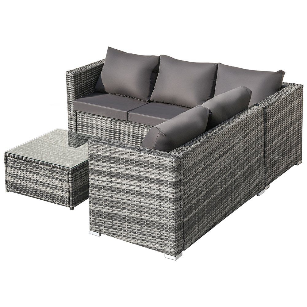 Gartenlounge-Set, Balkonmöbel, Gartenmöbel-Set, 1 Sofa, 1 Ecksofa, 1 Glastisch, Kissen, aus PE-Polyrattan