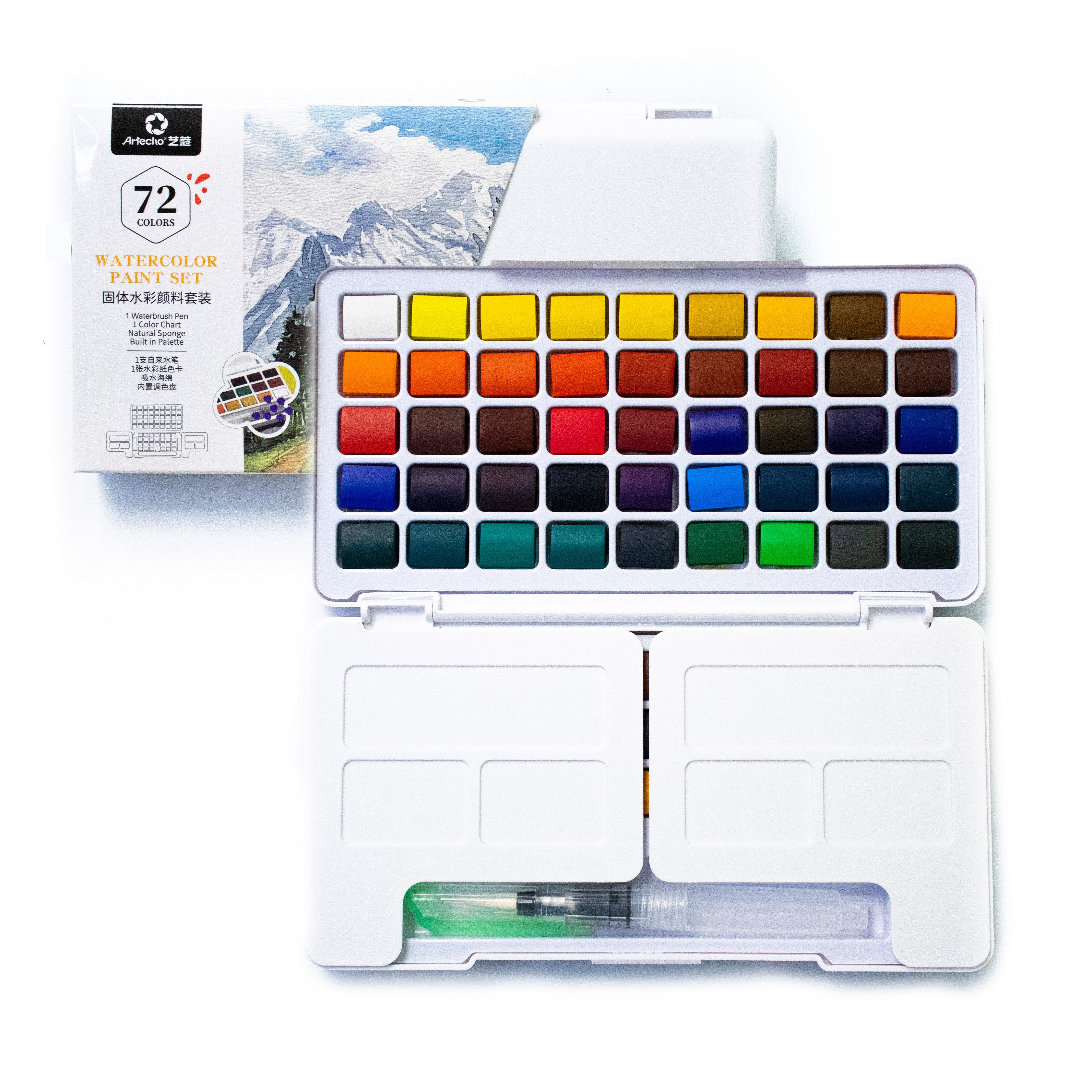 Artecho Aquarellfarbe Set – 24 / 48 / 72 Wasserfarben mit Wassertankpinsel & Schwamm, Für Zuhause oder kreative Reisen geeignet